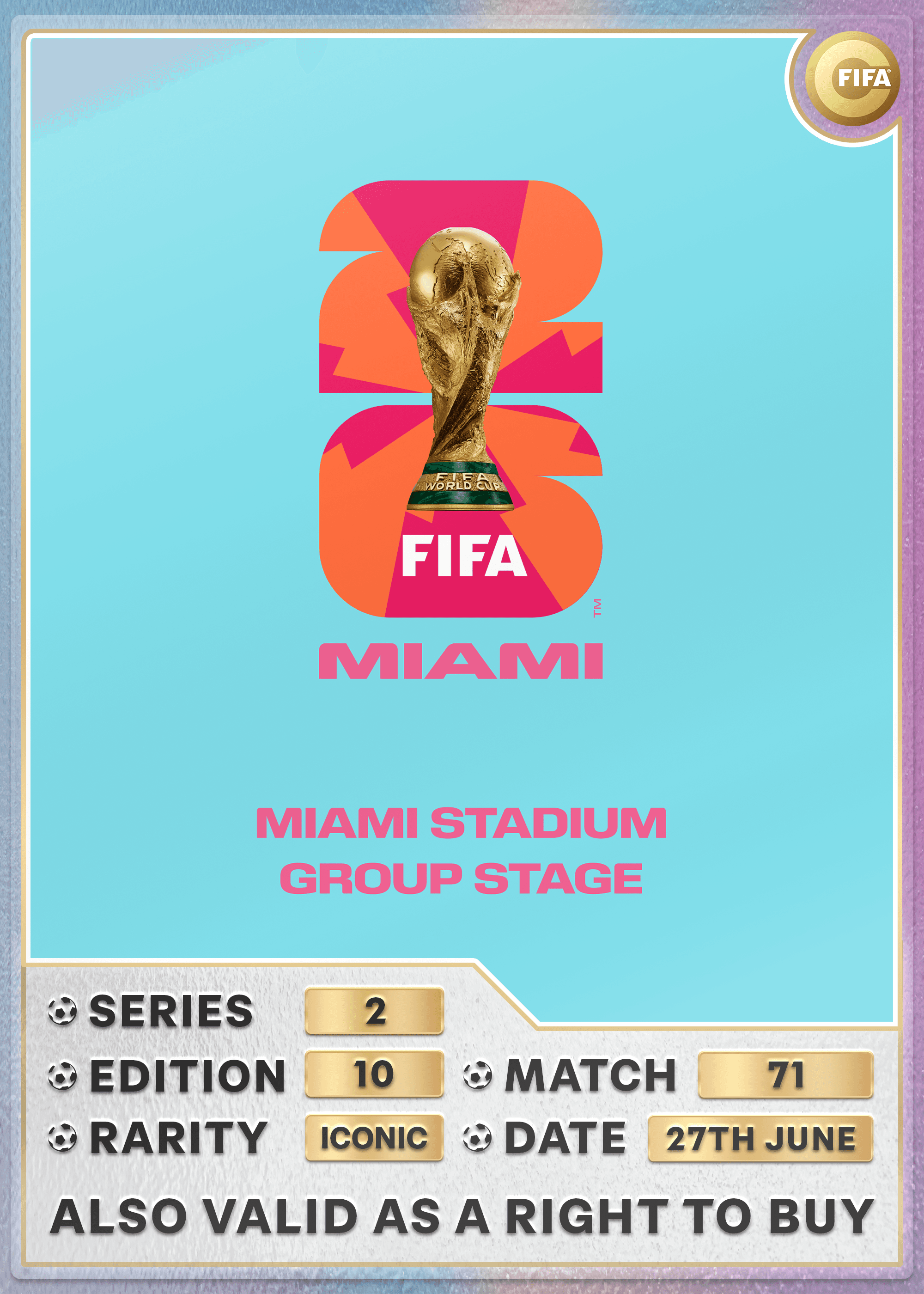 Collectible also valid as RTB for 2 tickets to M71 Miami