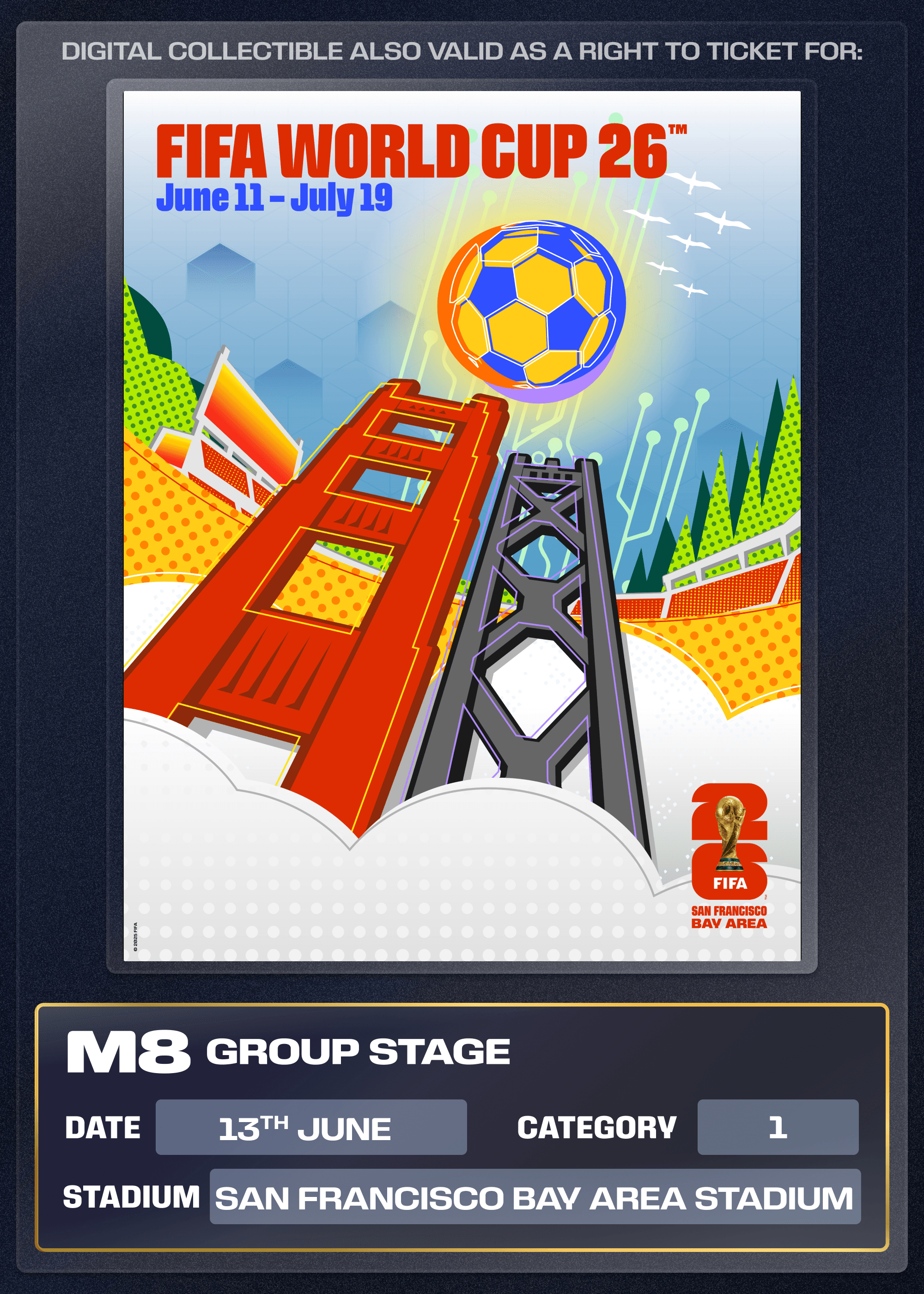 Collectible also valid as Right To Ticket Category 1 for M8 San Francisco