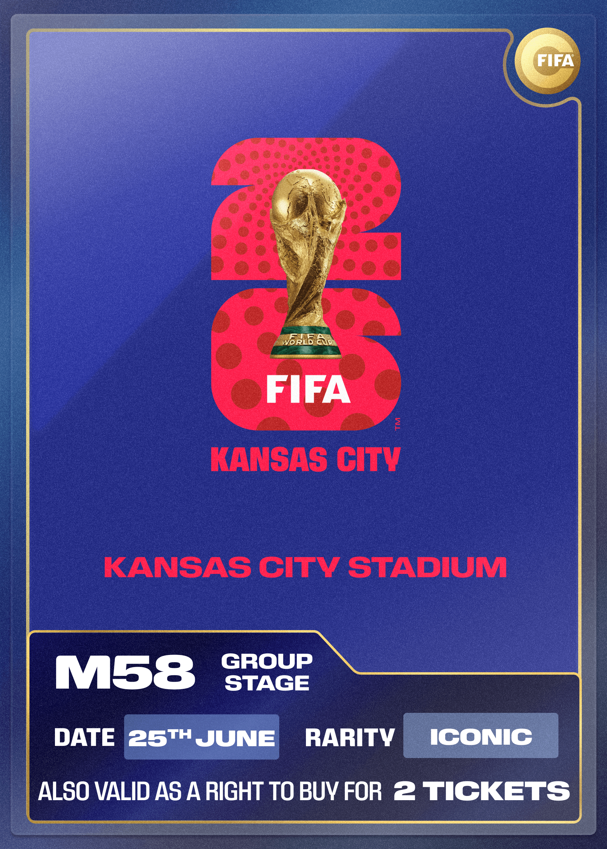 Collectible also valid as RTB for 2 tickets to M58 Kansas City
