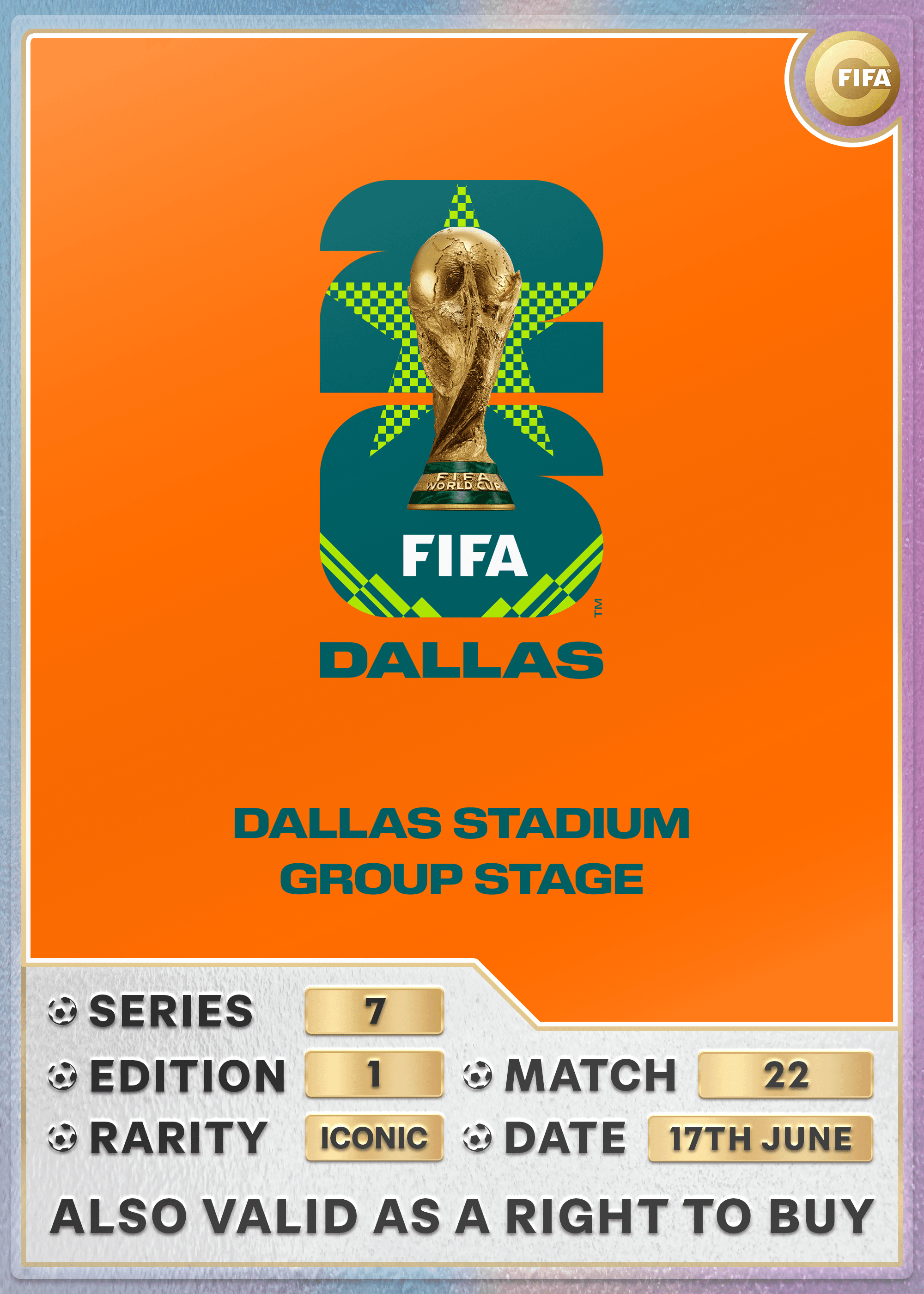 Collectible also valid as RTB for 2 tickets to M22 Dallas