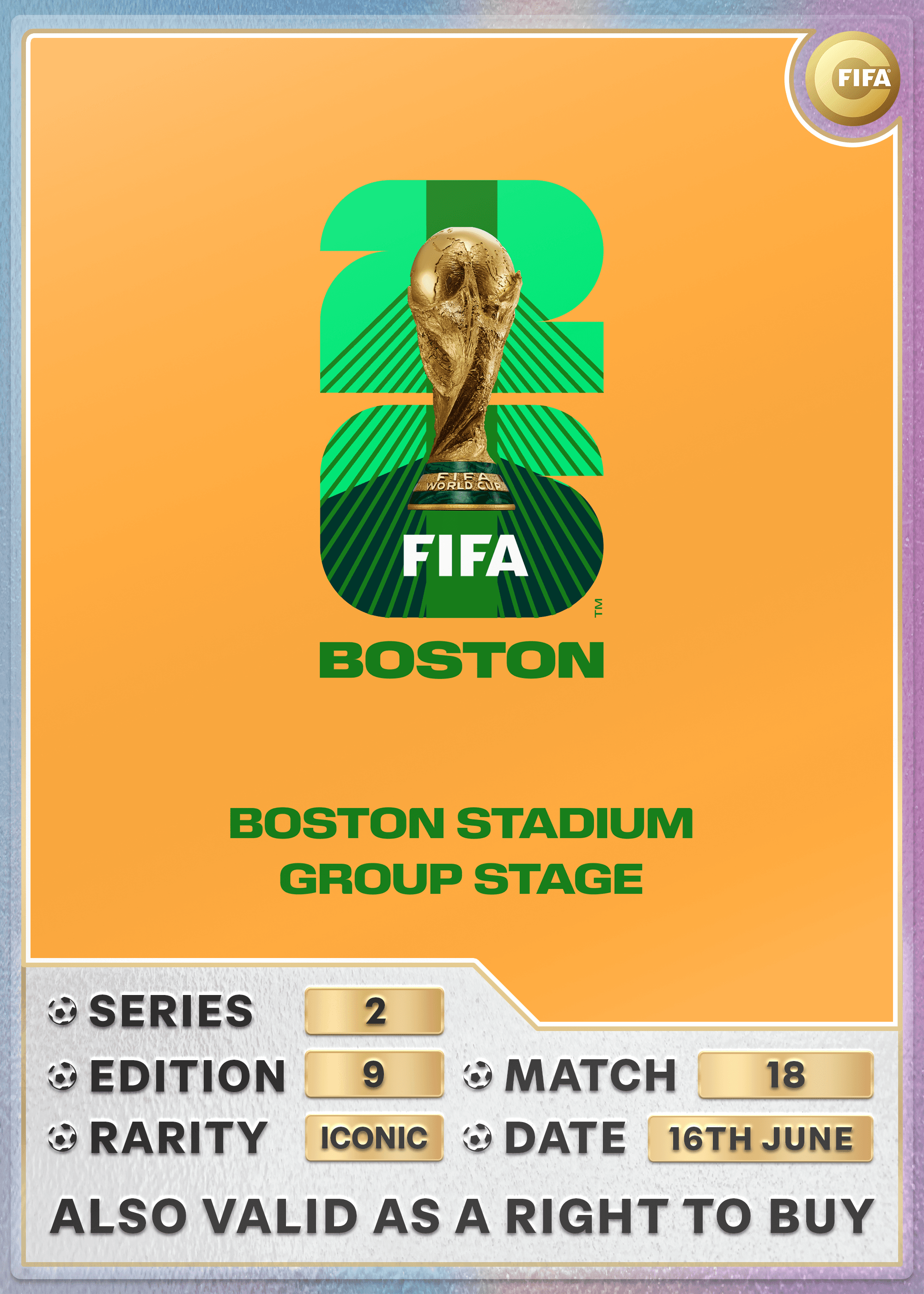Collectible also valid as RTB for 2 tickets to M18 Boston