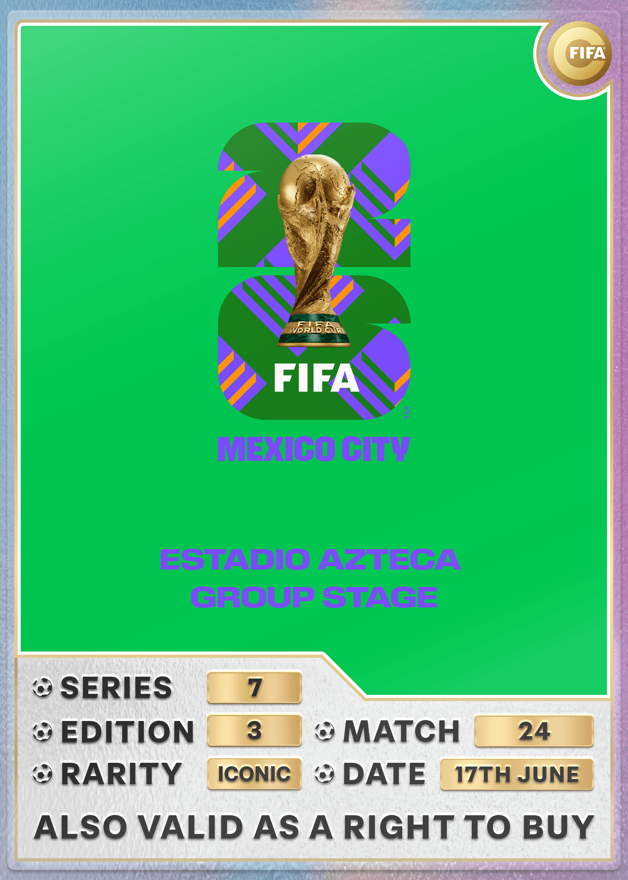 Collectible also valid as RTB for 2 tickets to M24 Mexico City