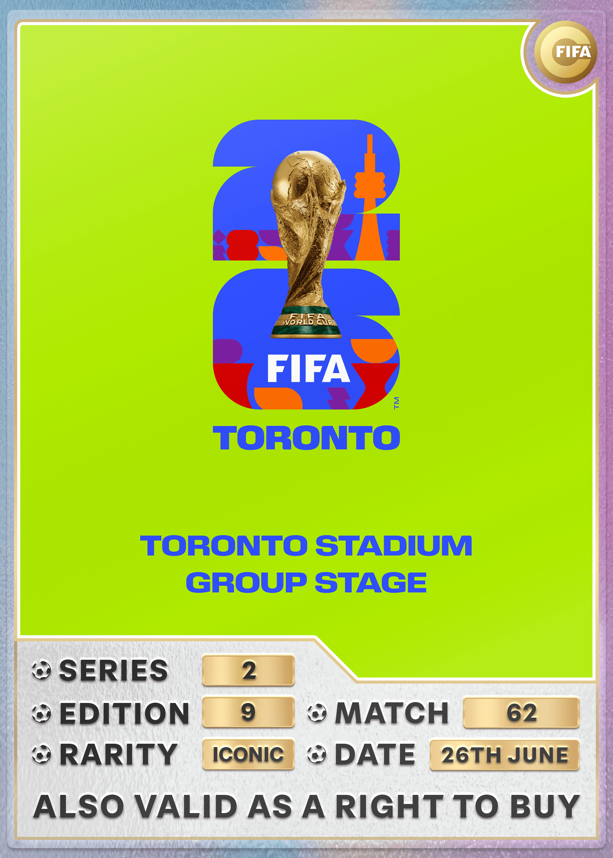 Collectible also valid as RTB for 2 tickets to M62 Toronto