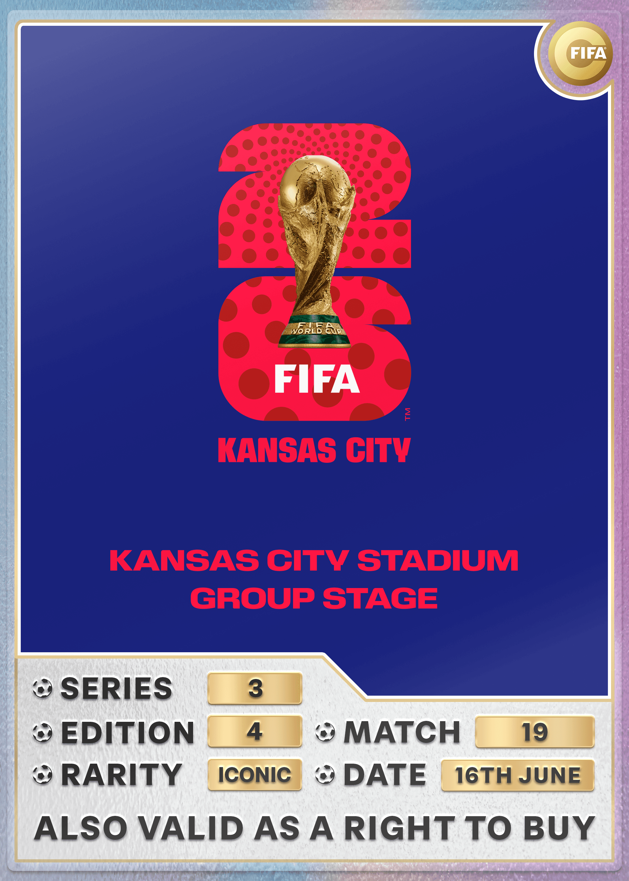 Collectible also valid as RTB for 2 tickets to M19 Kansas City