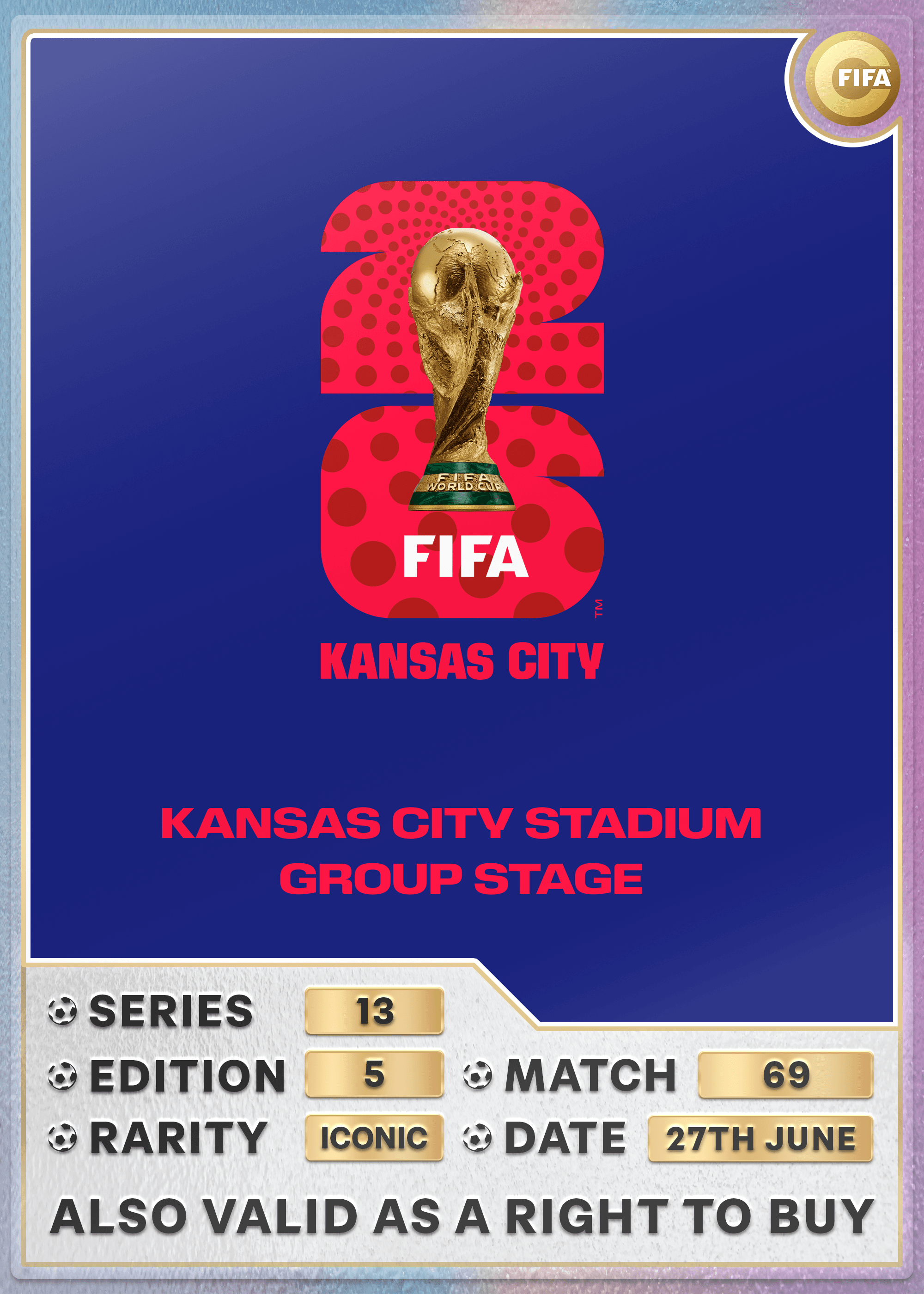 Collectible also valid as RTB for 2 tickets to M69 Kansas City