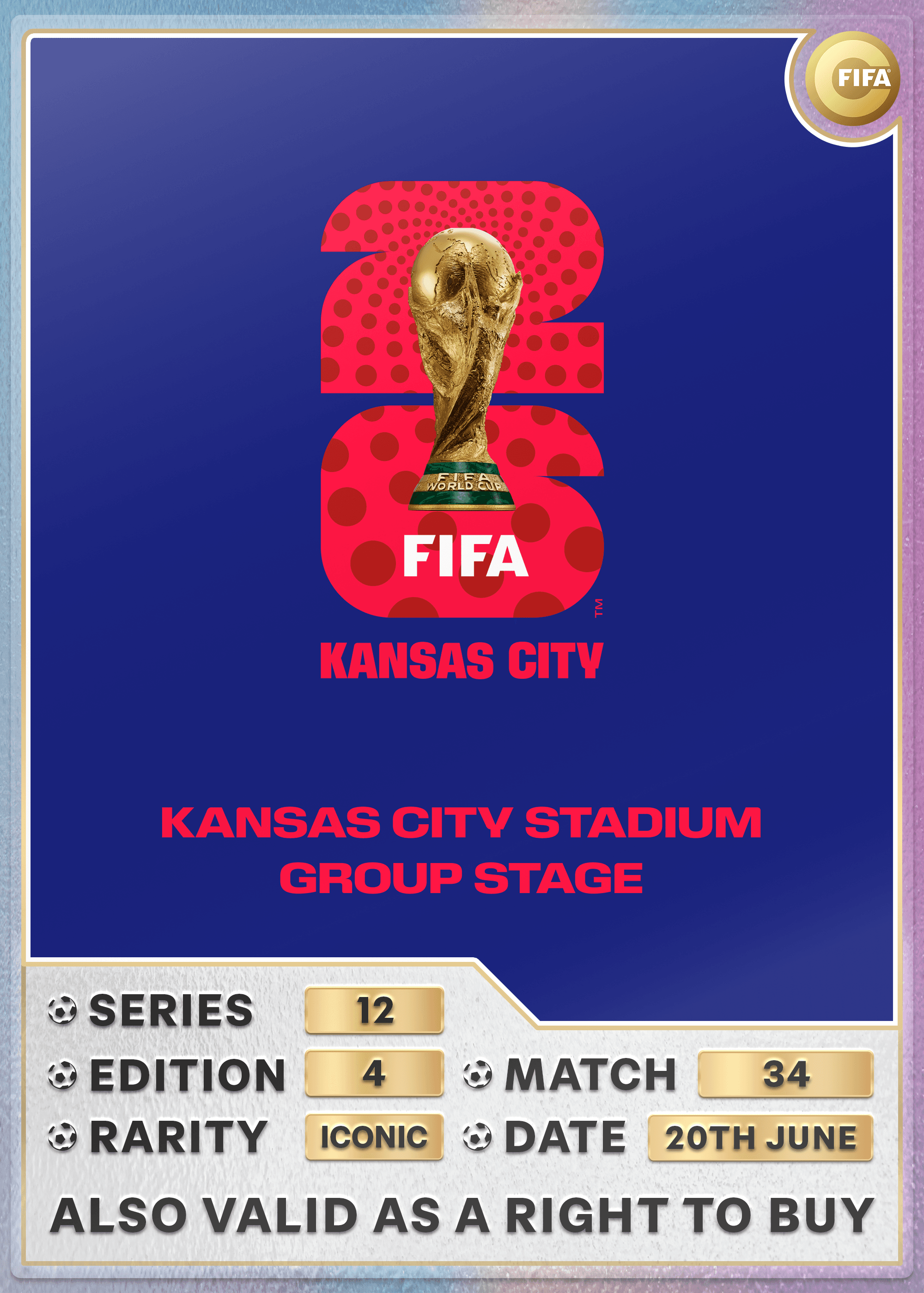 Collectible also valid as RTB for 2 tickets to M34 Kansas City