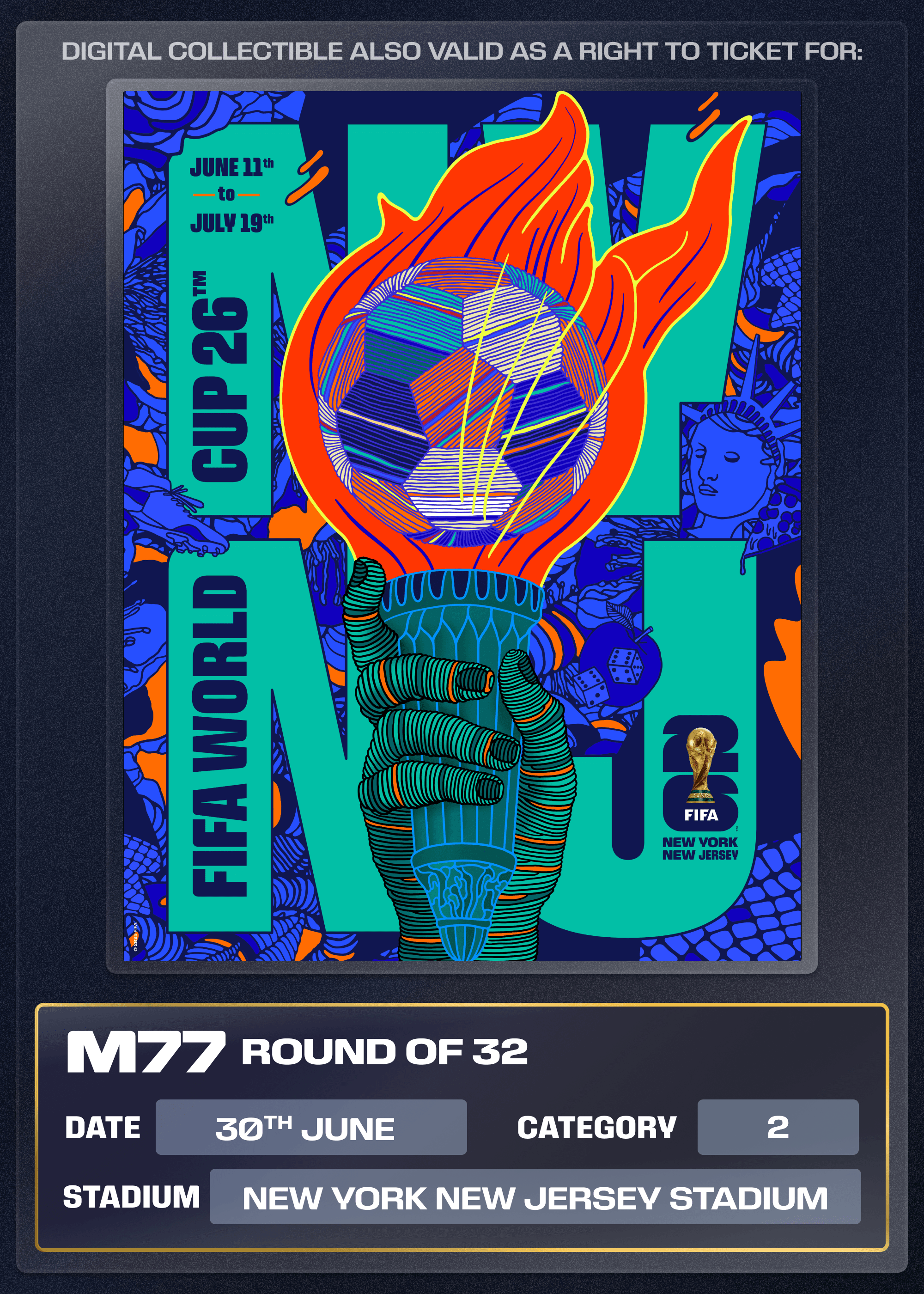 Collectible also valid as Right To Ticket Category 2 for M77 New York