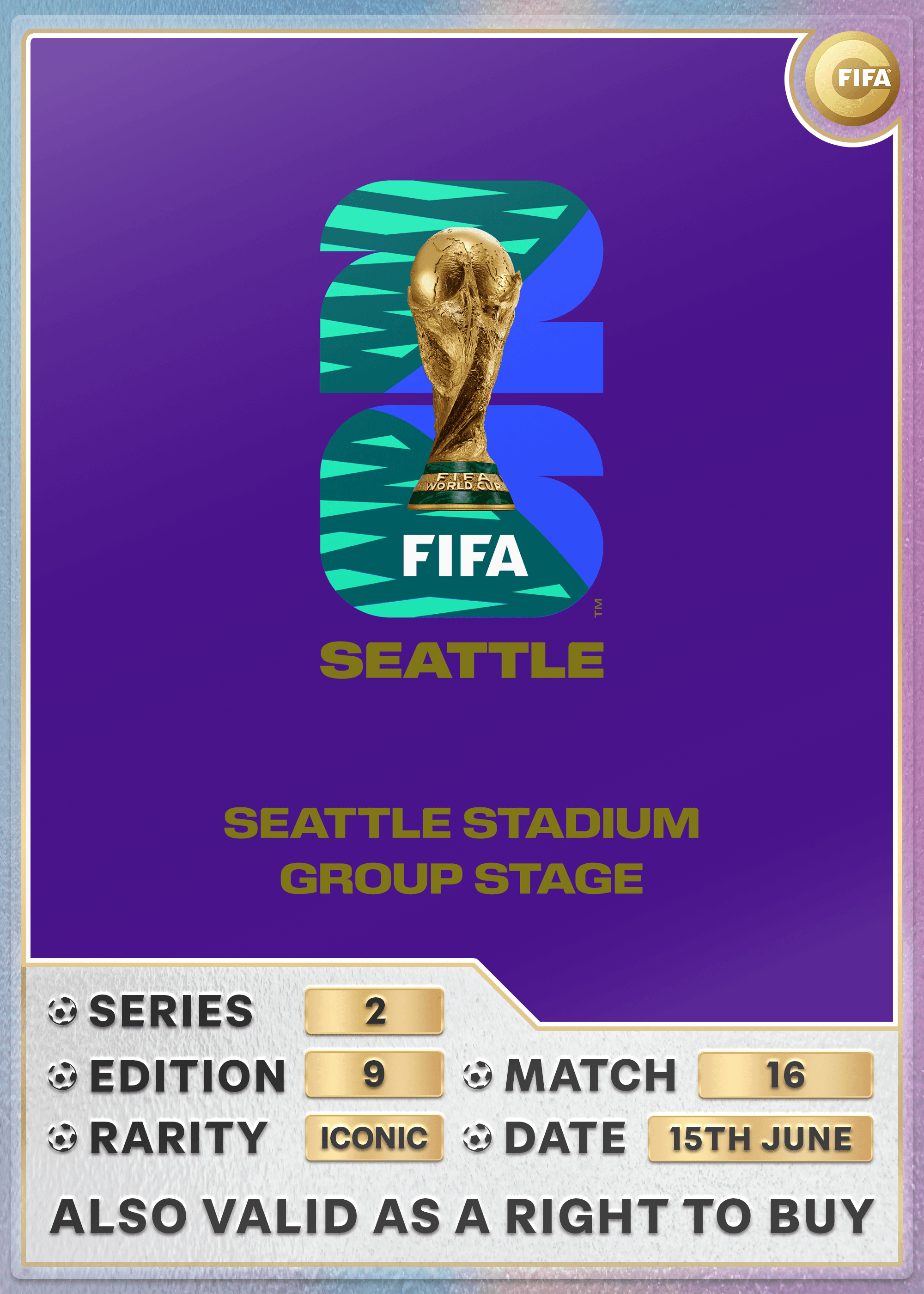 Collectible also valid as RTB for 2 tickets to M16 Seattle