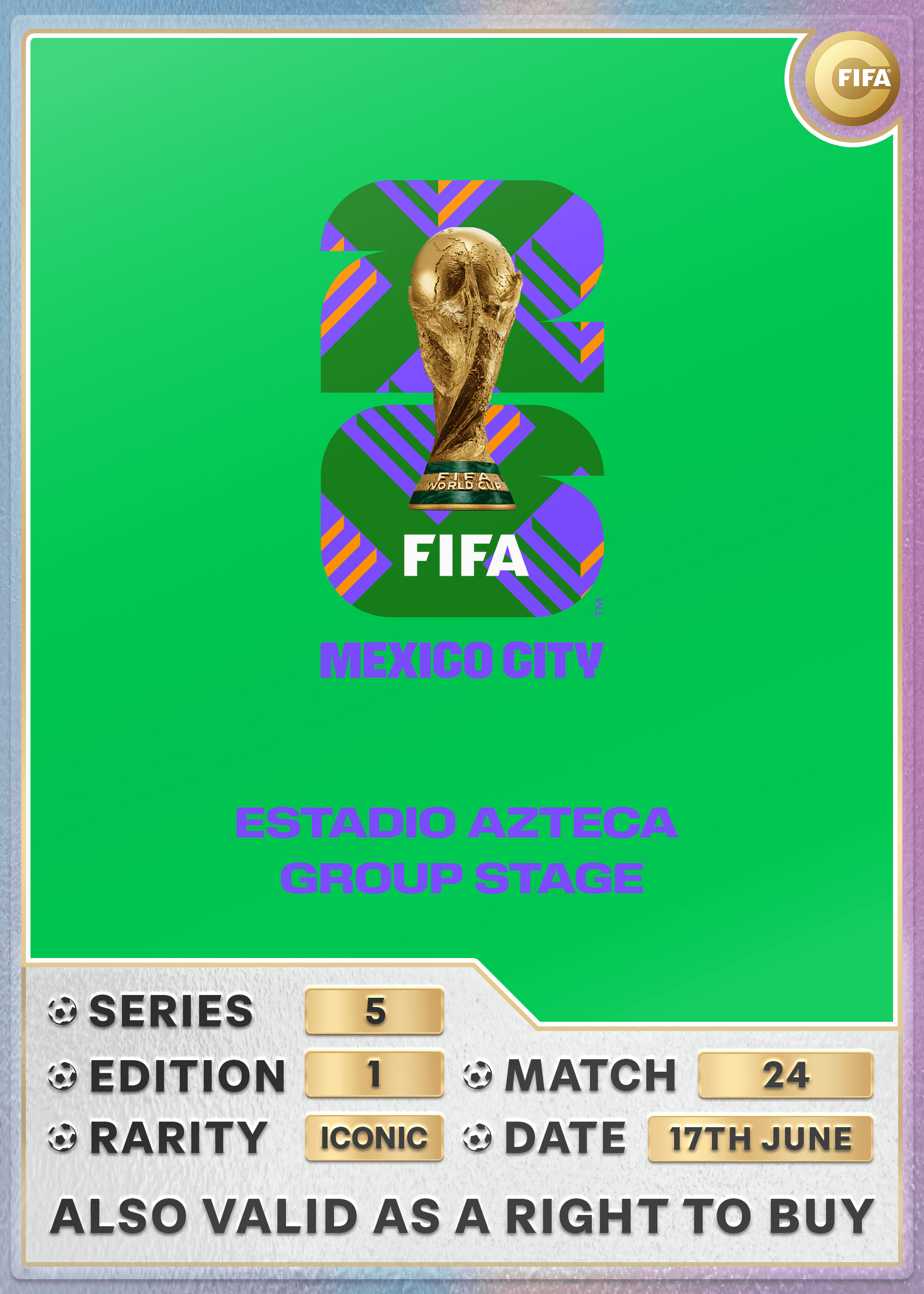 Collectible also valid as RTB for 2 tickets to M24 Mexico City