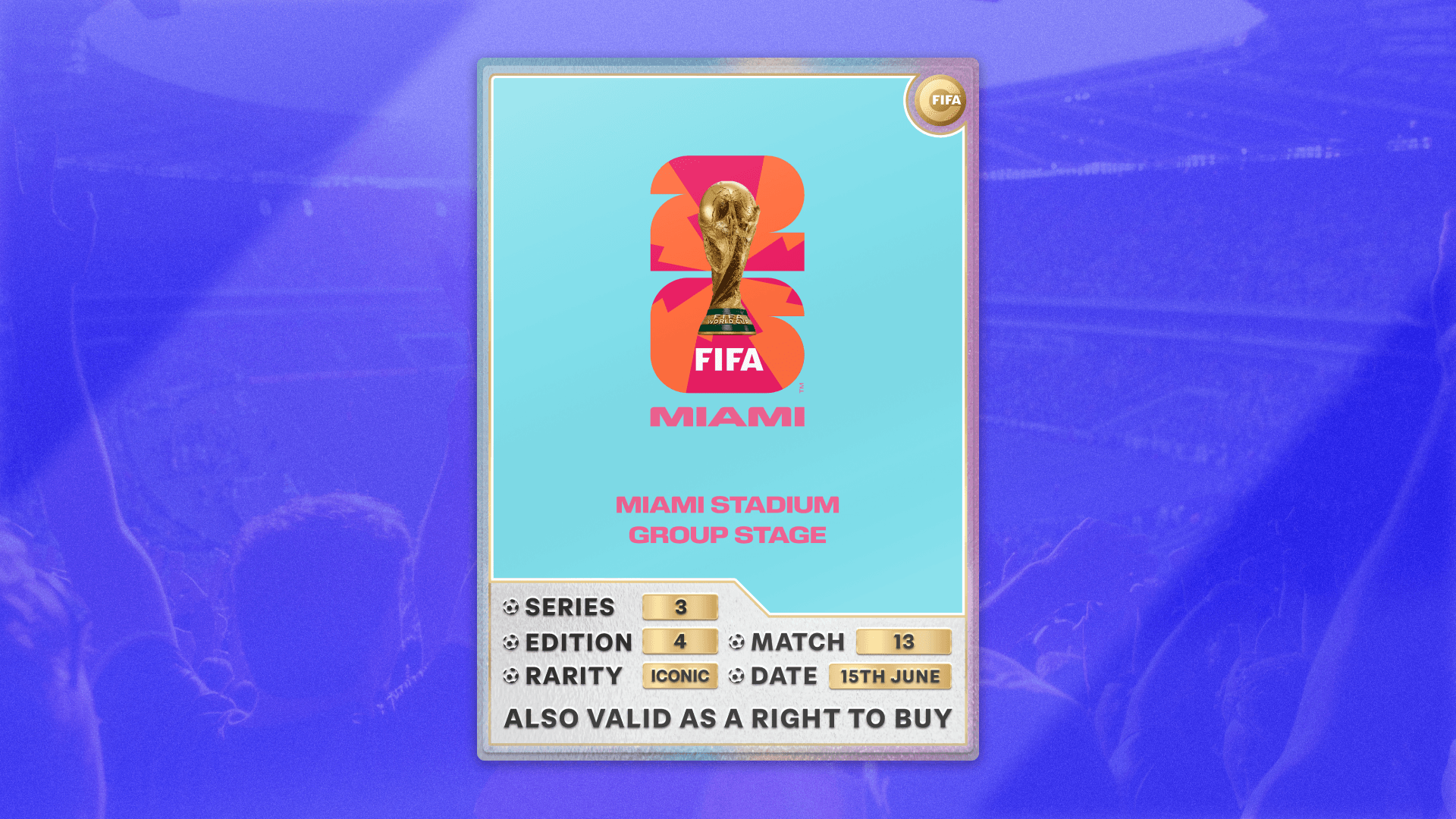Collectible also valid as RTB for 2 tickets to M13 Miami