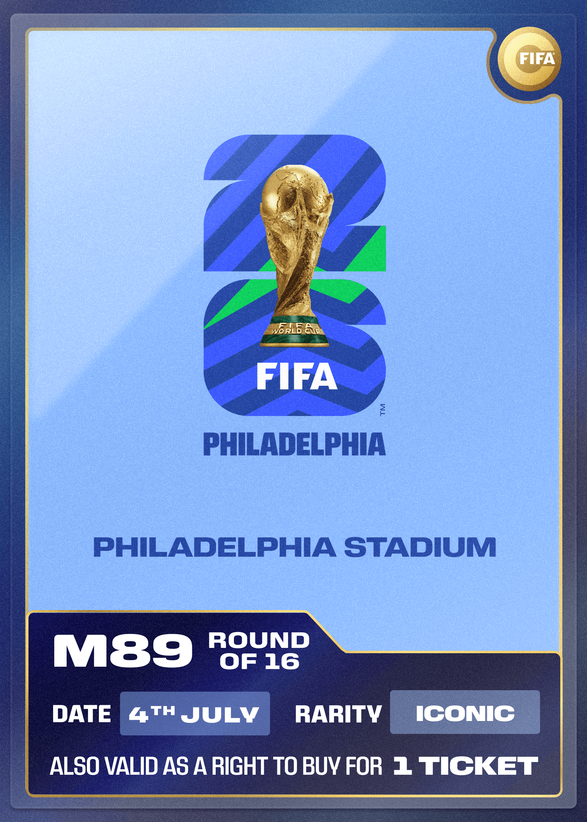 Collectible also valid as RTB for 1 ticket to M89 Philadelphia