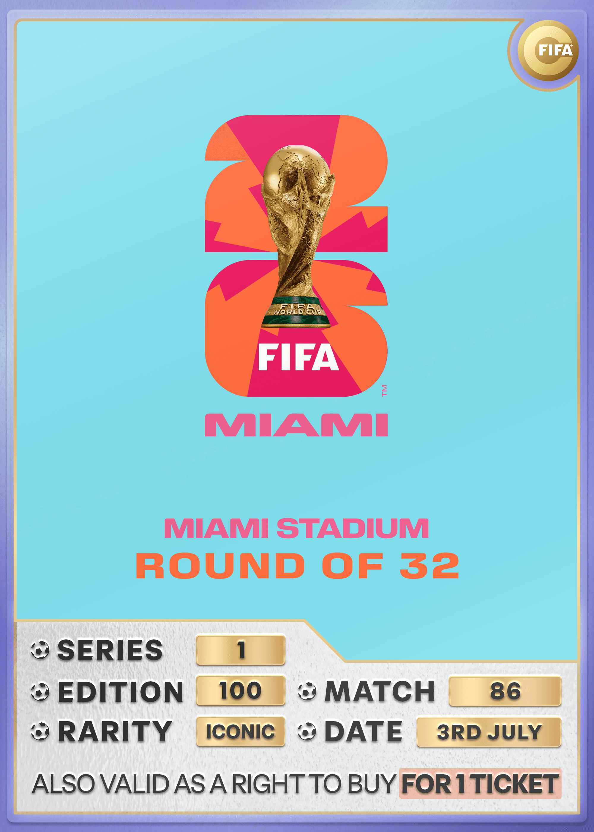 Collectible also valid as RTB for one ticket to M86 Miami