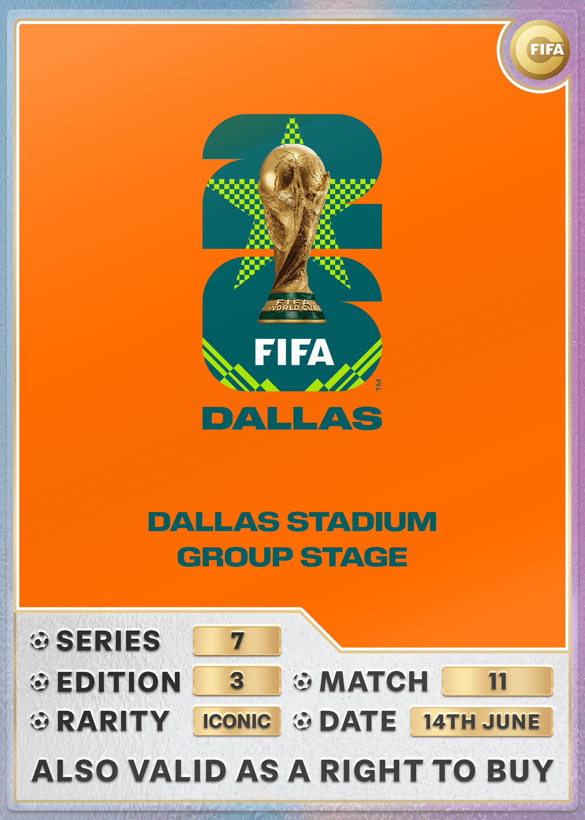 Collectible also valid as RTB for 2 tickets to M11 Dallas
