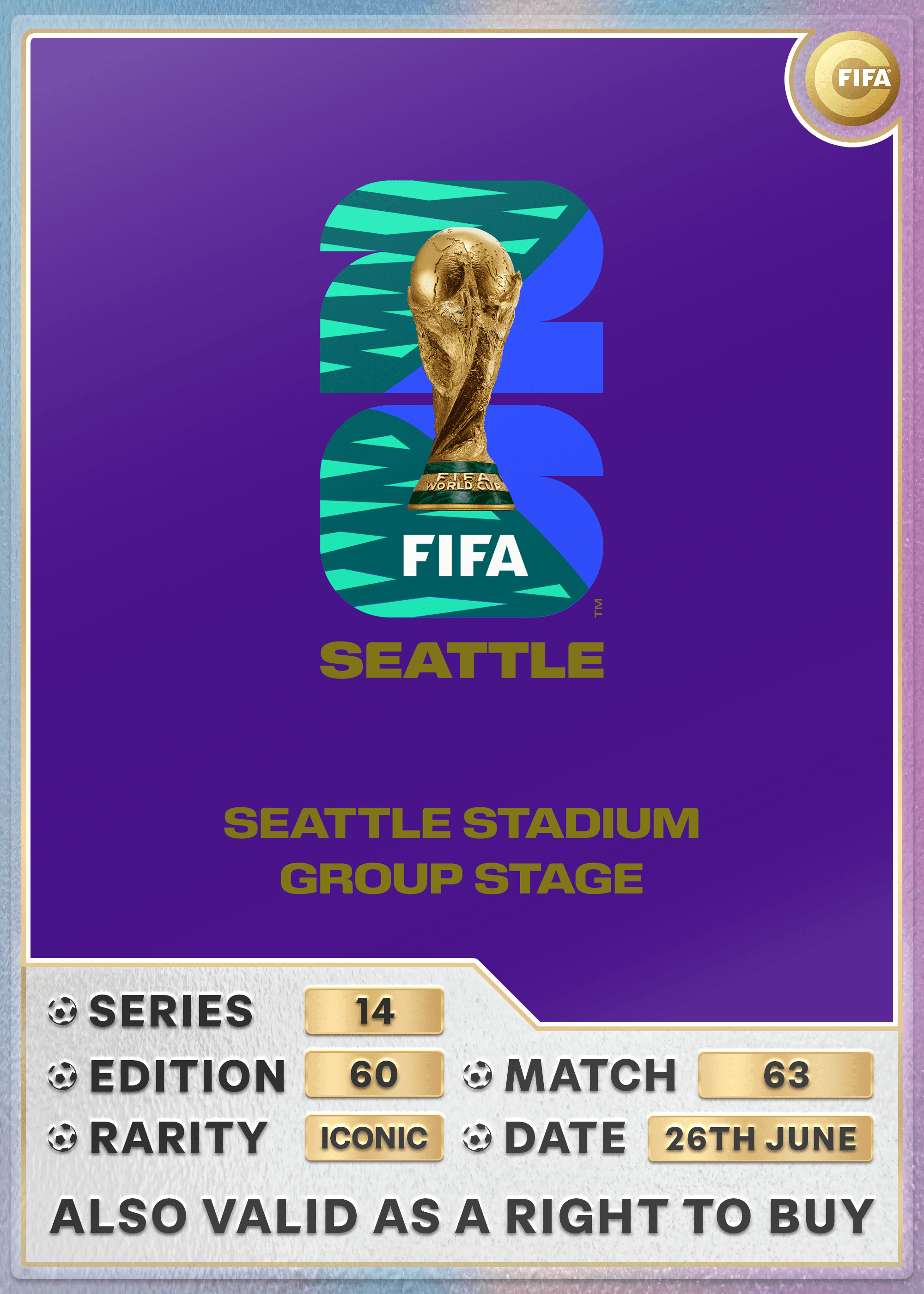 Collectible also valid as RTB for 2 tickets to M63 Seattle
