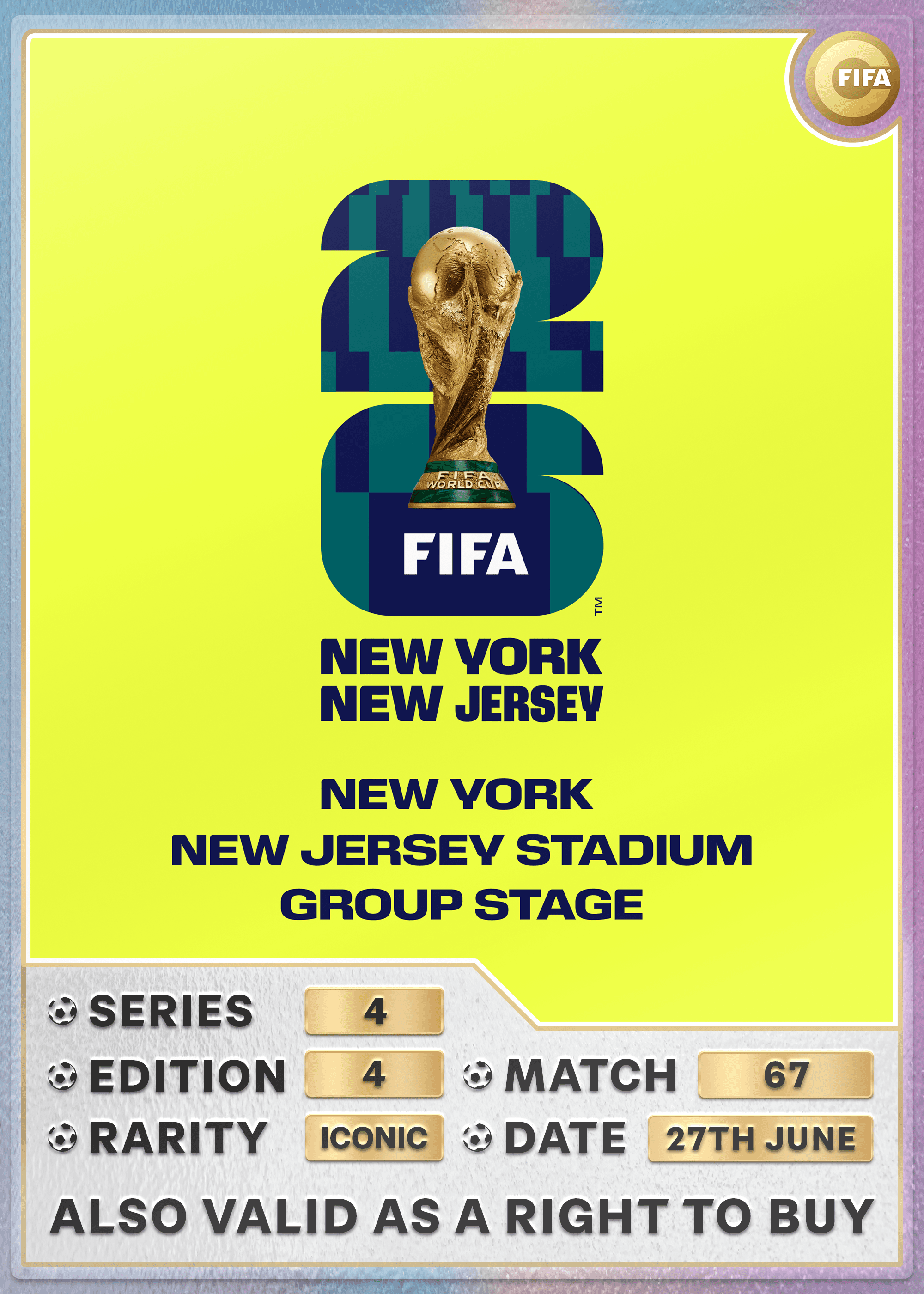 Collectible also valid as RTB for 2 tickets to M67 New York/New Jersey