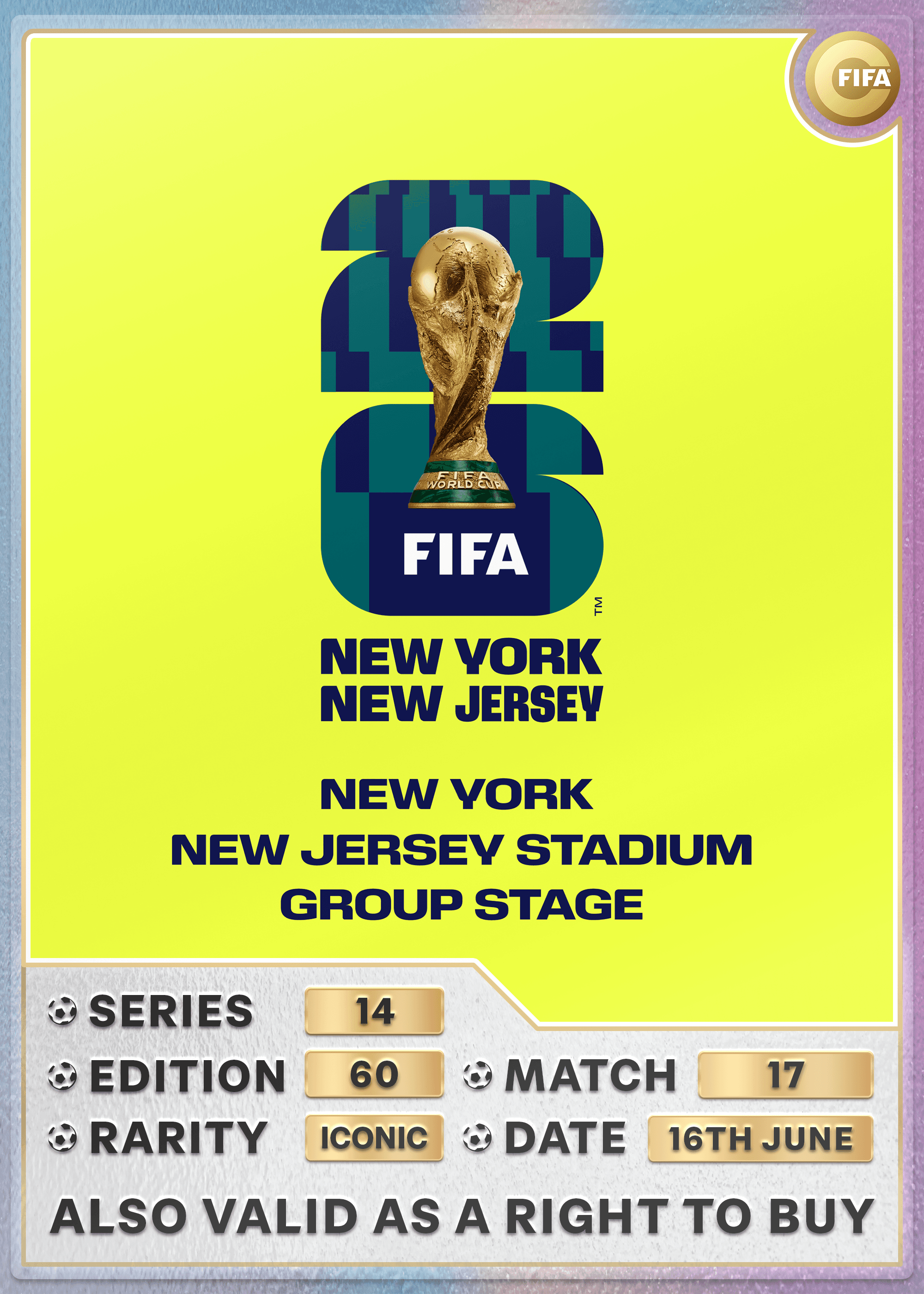 Collectible also valid as RTB for 2 tickets to M17 New York/New Jersey