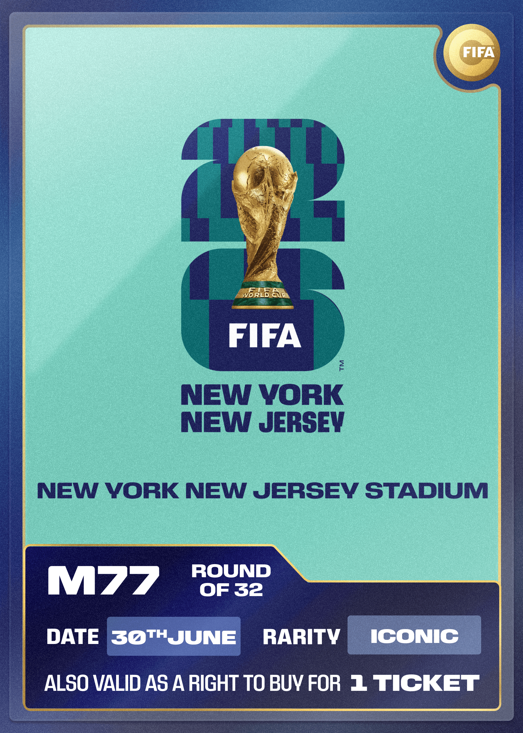 Collectible also valid as RTB for 1 ticket to M77 New York