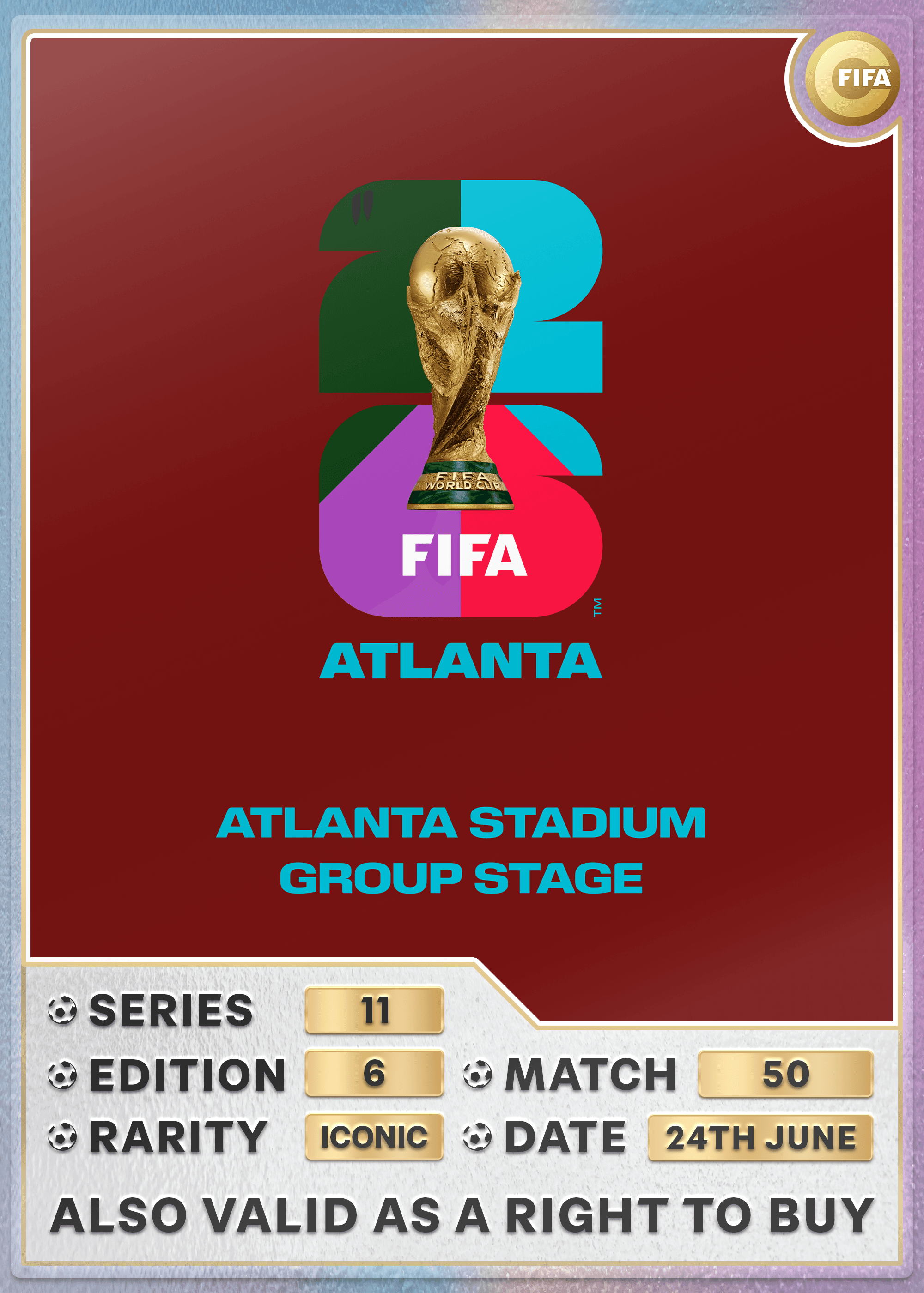 Collectible also valid as RTB for 2 tickets to M50 Atlanta
