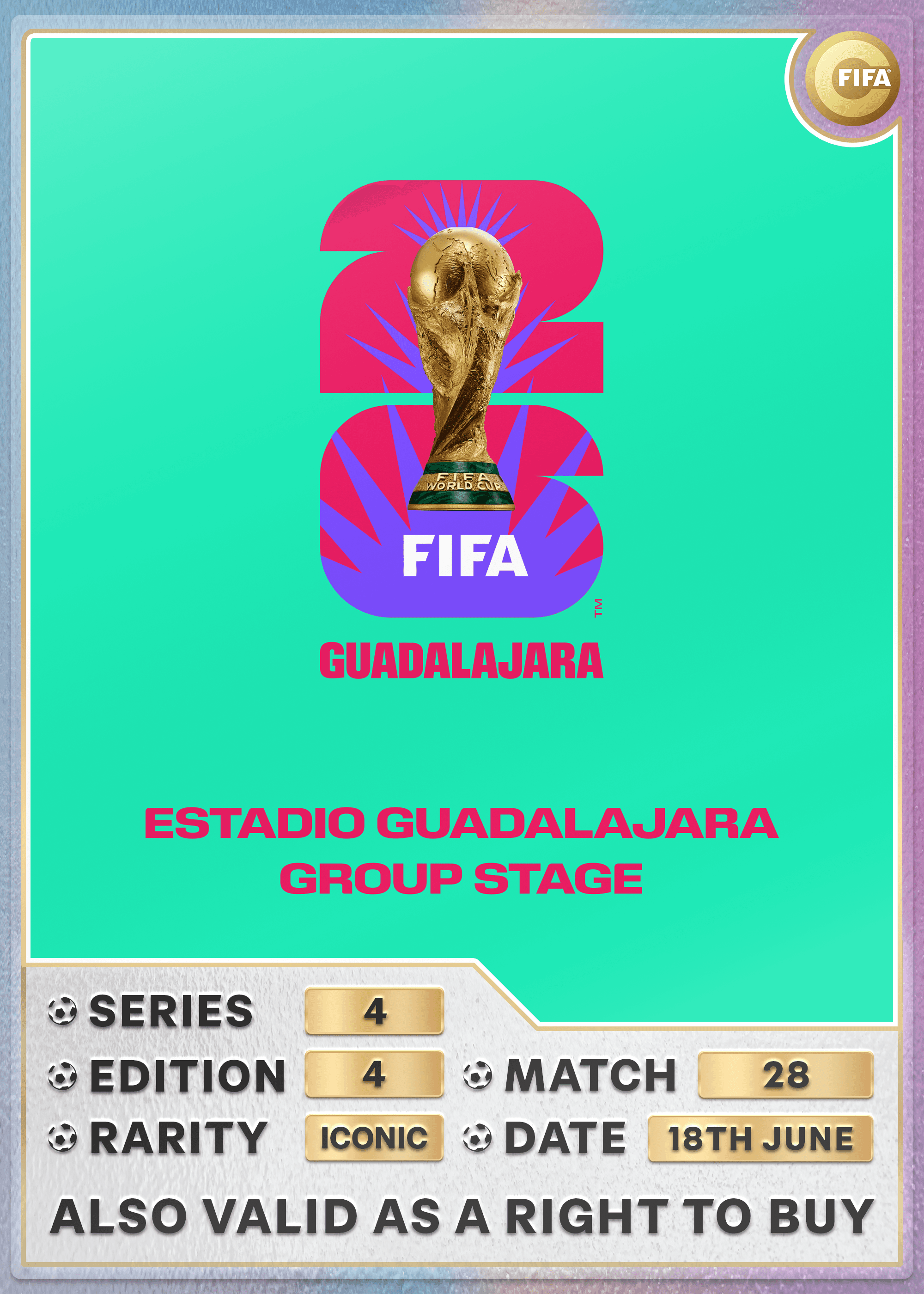 Collectible also valid as RTB for 2 tickets to M28 Guadalajara