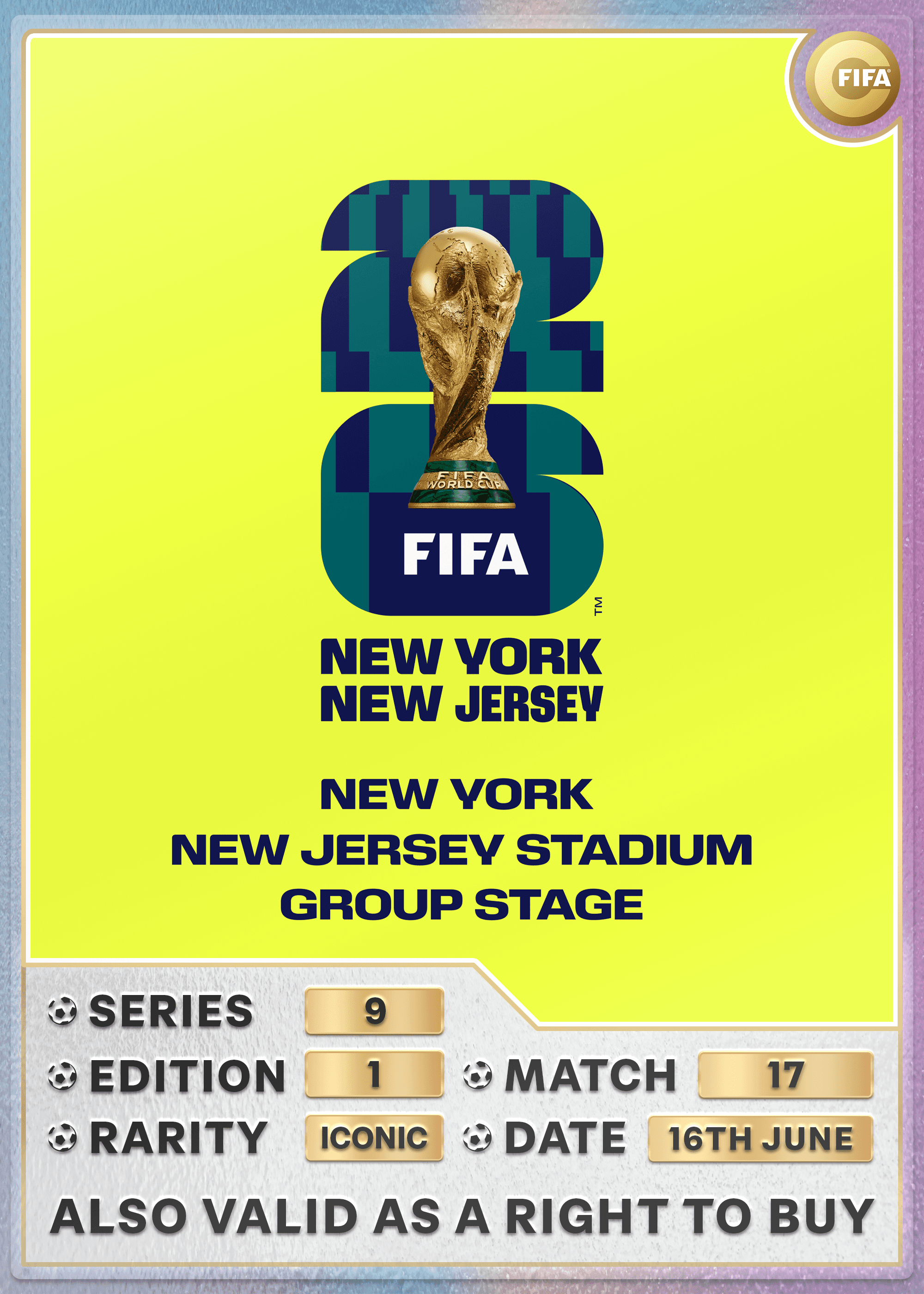Collectible also valid as RTB for 2 tickets to M17 New York/New Jersey