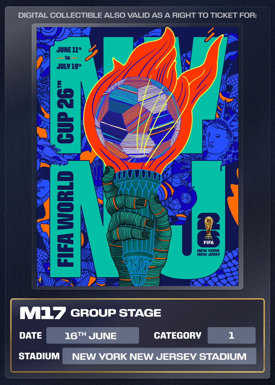 Collectible also valid as Right To Ticket Category 1 for M17 New
