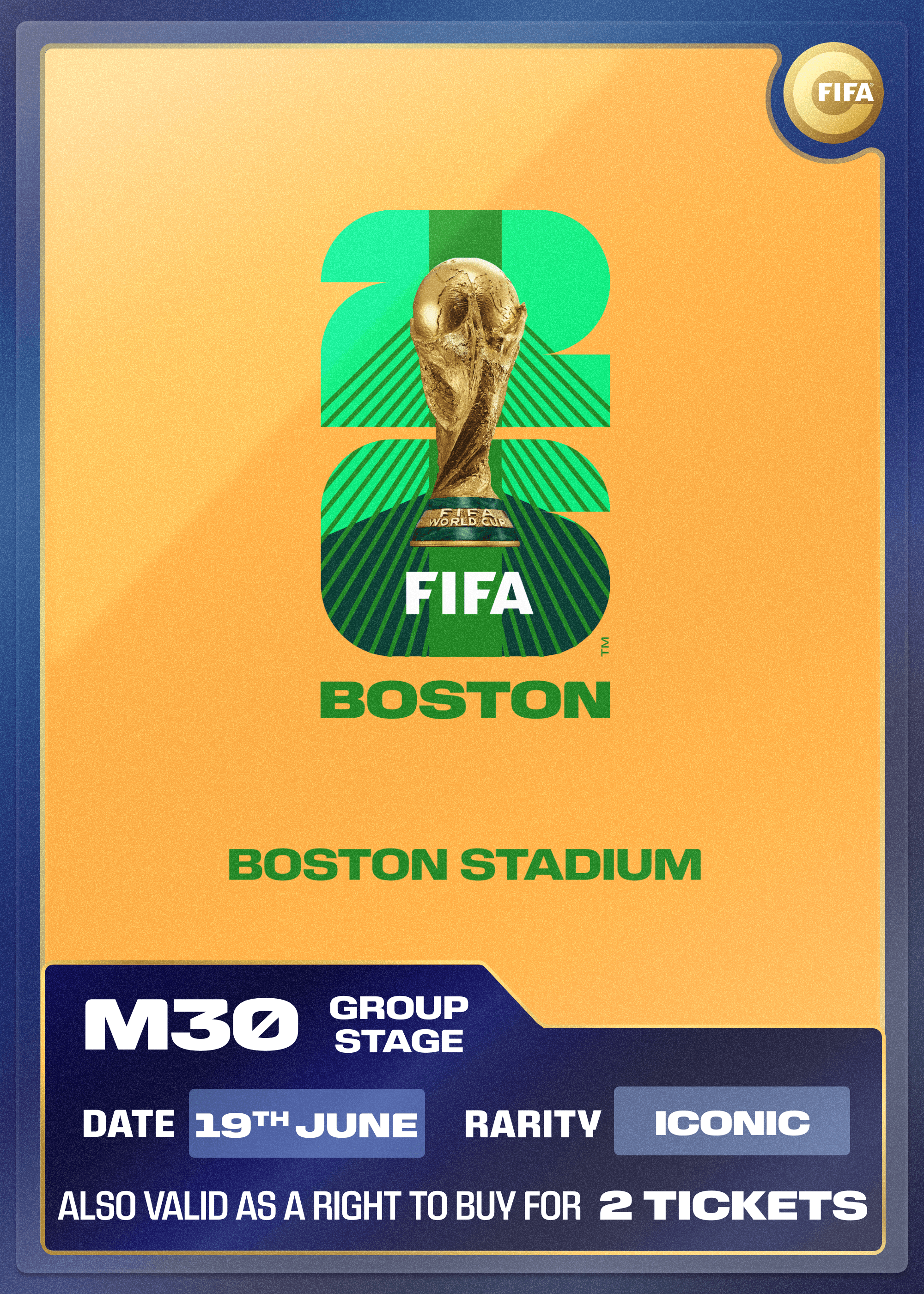 Collectible also valid as RTB for 2 tickets to M30 Boston