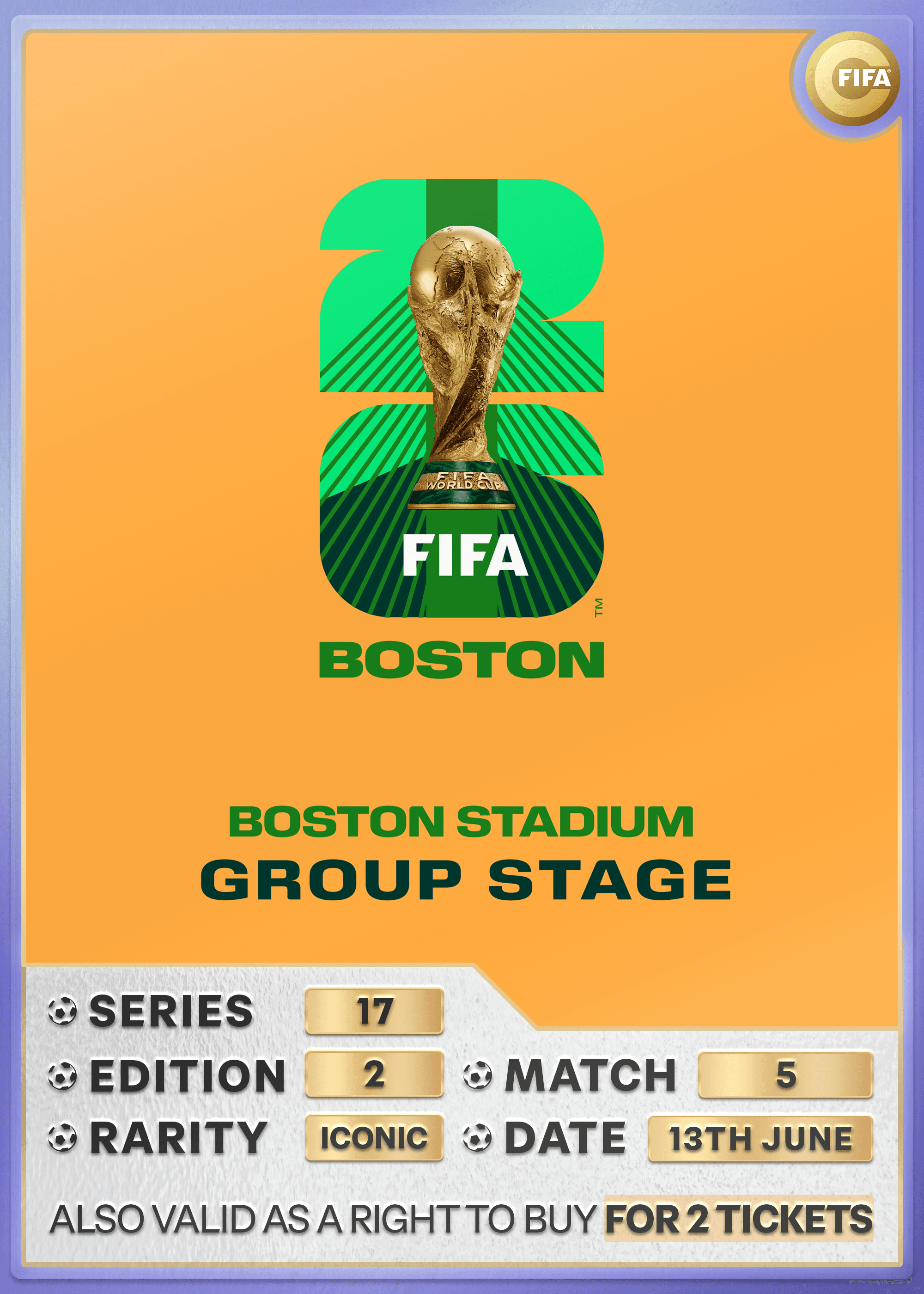 Collectible also valid as RTB for 2 tickets to M5 Boston
