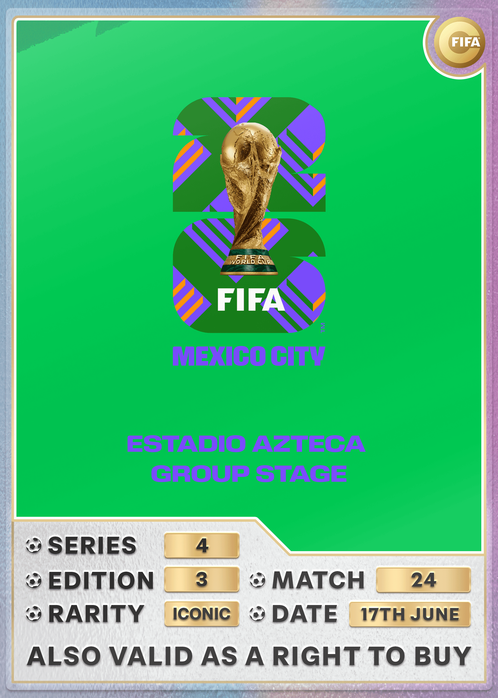 Collectible also valid as RTB for 2 tickets to M24 Mexico City