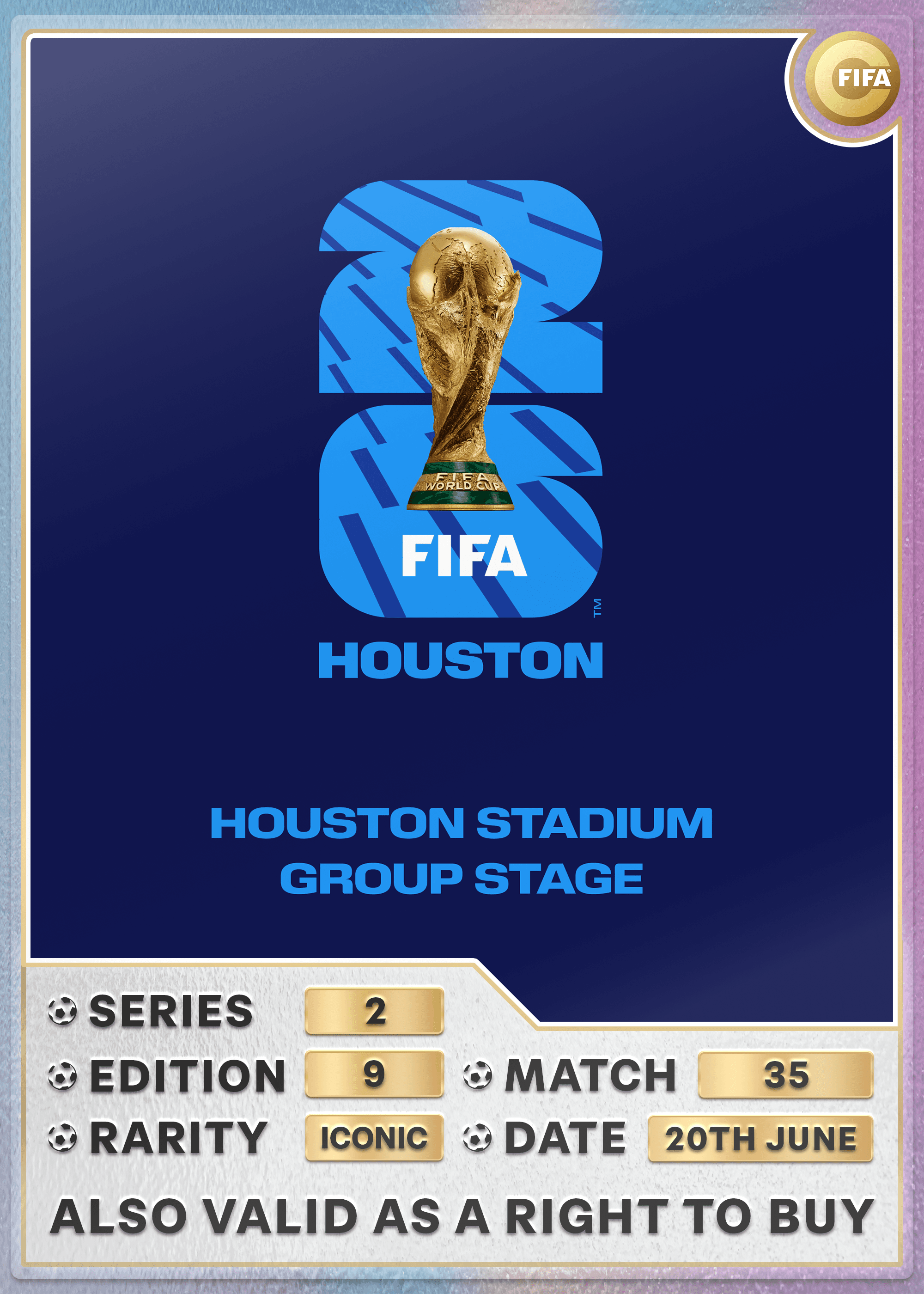 Collectible also valid as RTB for 2 tickets to M35 Houston
