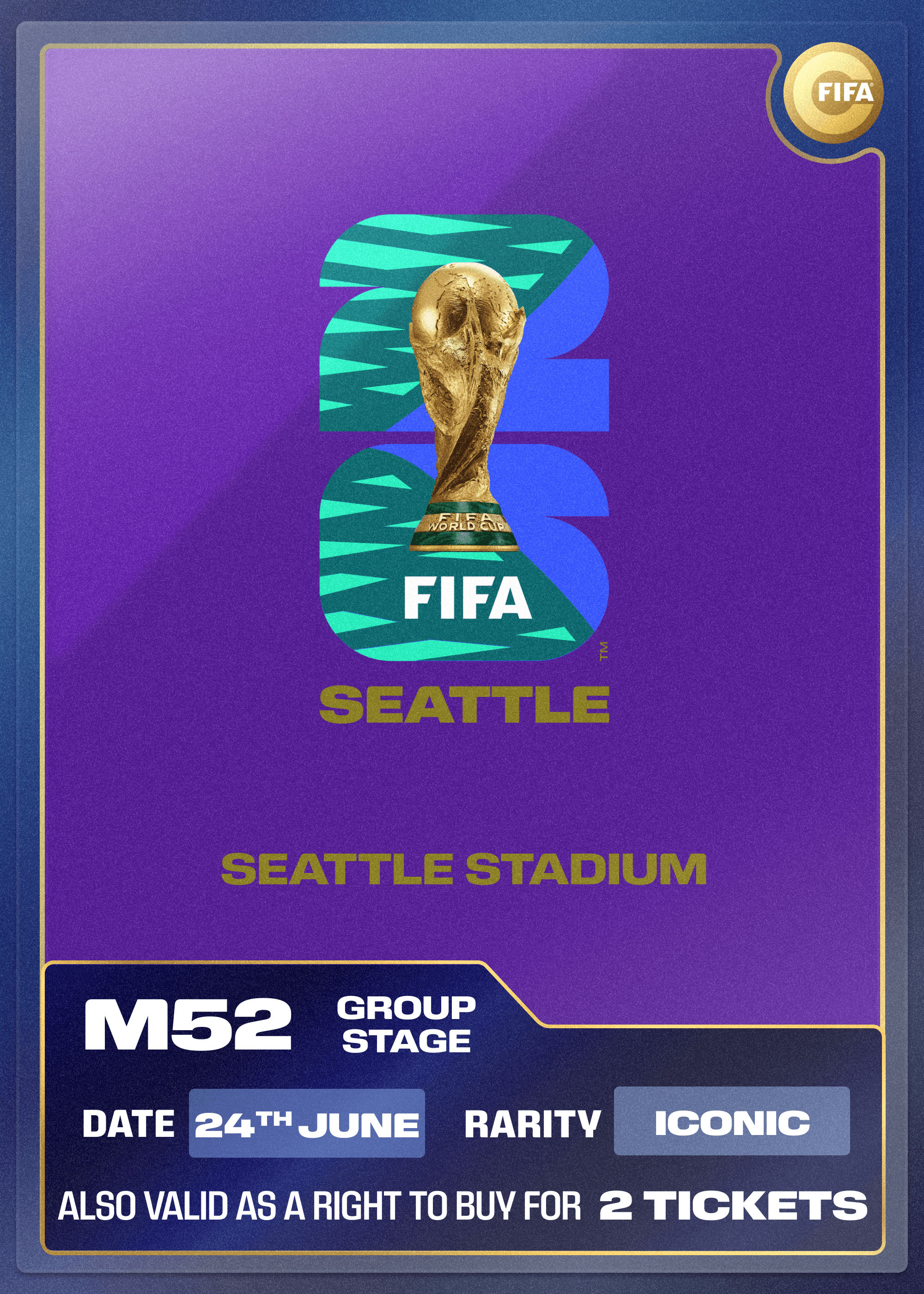 Collectible also valid as RTB for 2 tickets to M52 Seattle
