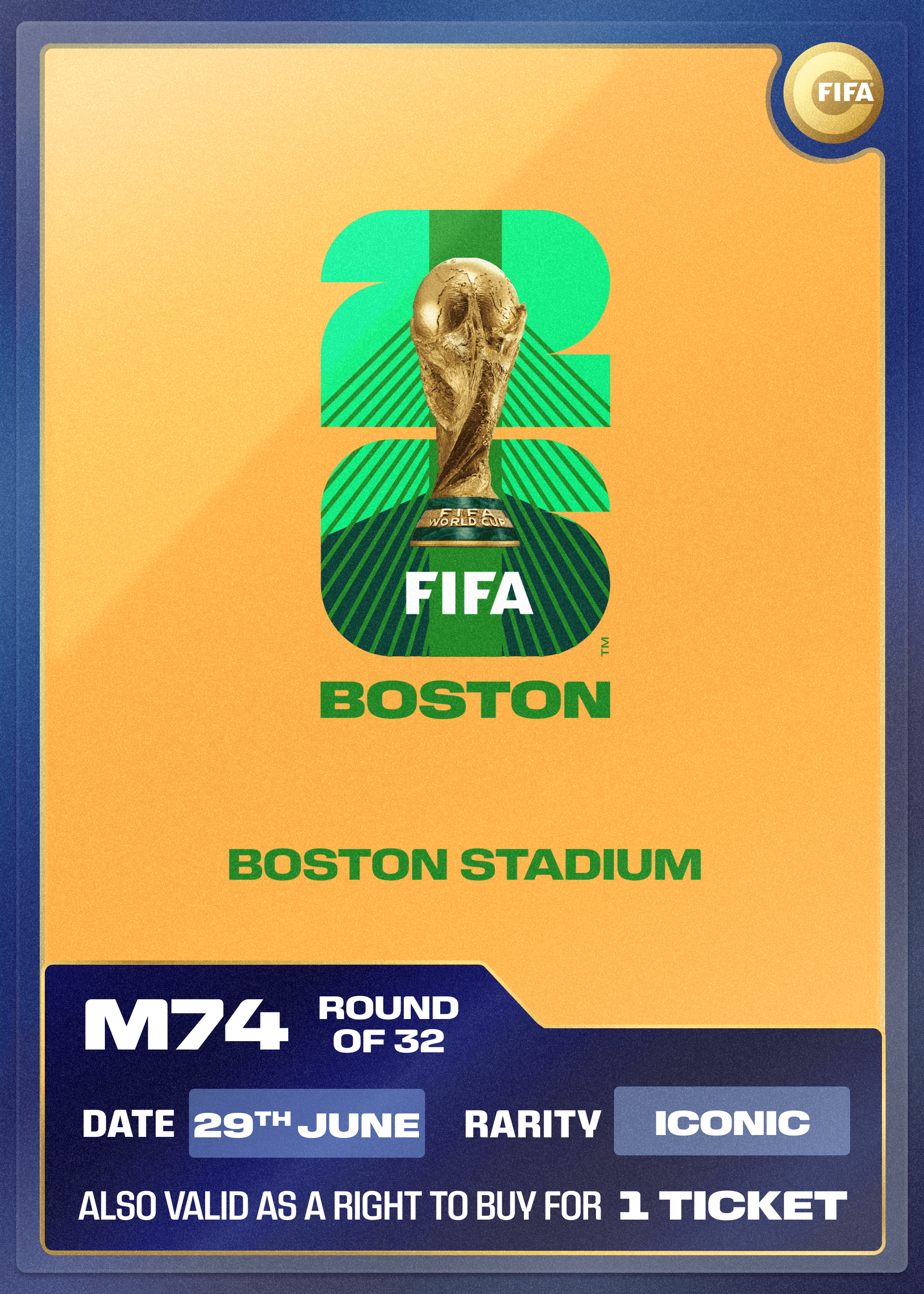 Collectible also valid as RTB for 1 ticket to M74 Boston