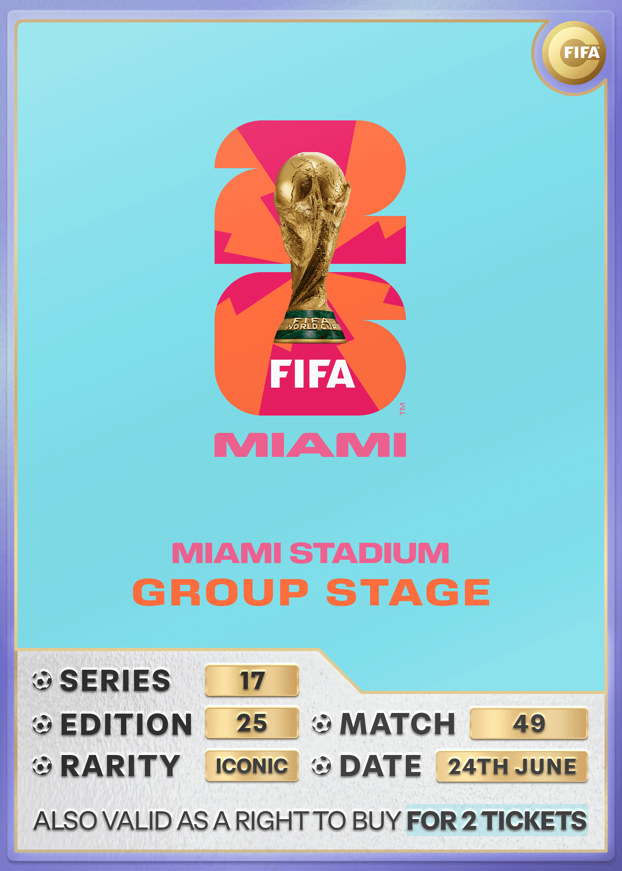 Collectible also valid as RTB for 2 tickets to M49 Miami