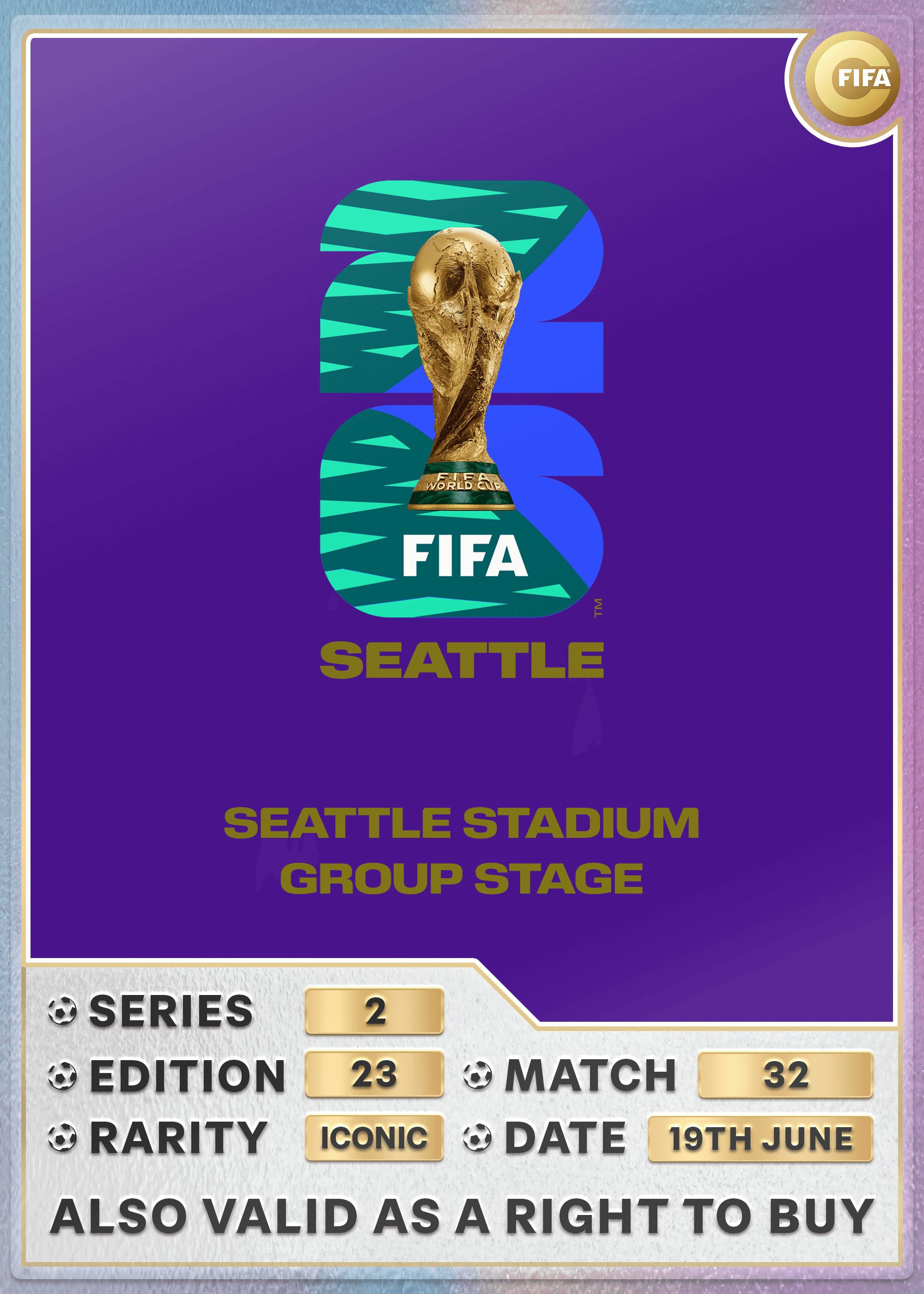 Collectible also valid as RTB for 2 tickets to M32 Seattle