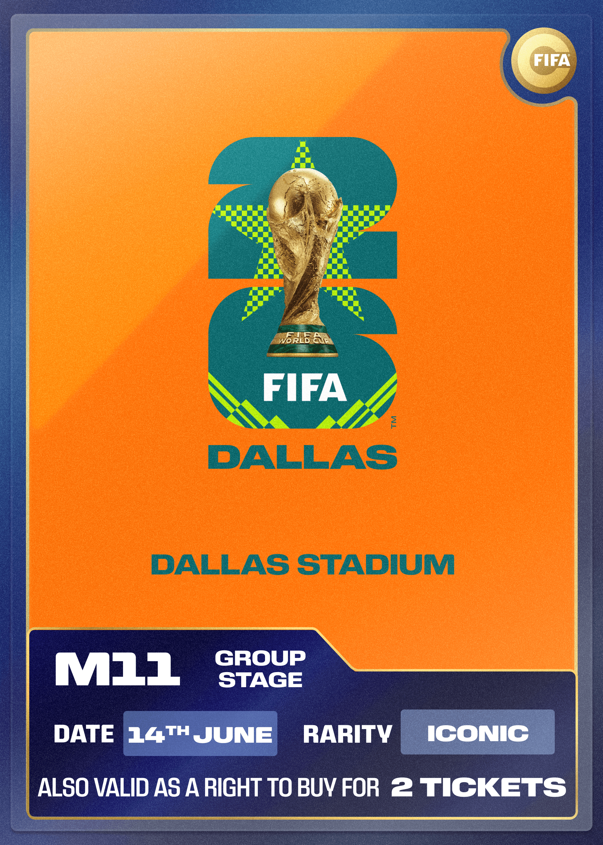 Collectible also valid as RTB for 2 tickets to M11 Dallas