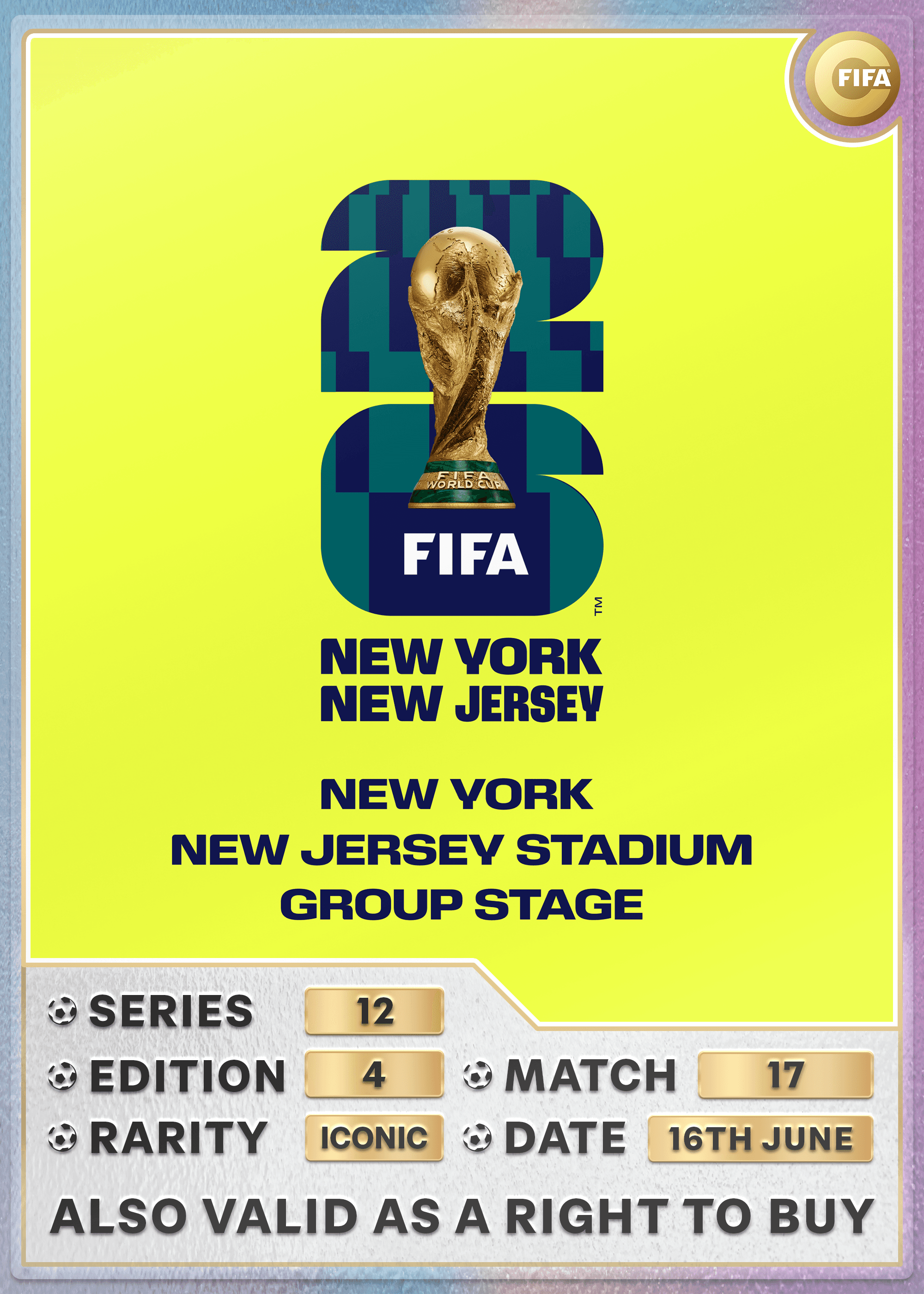 Collectible also valid as RTB for 2 tickets to M17 New York