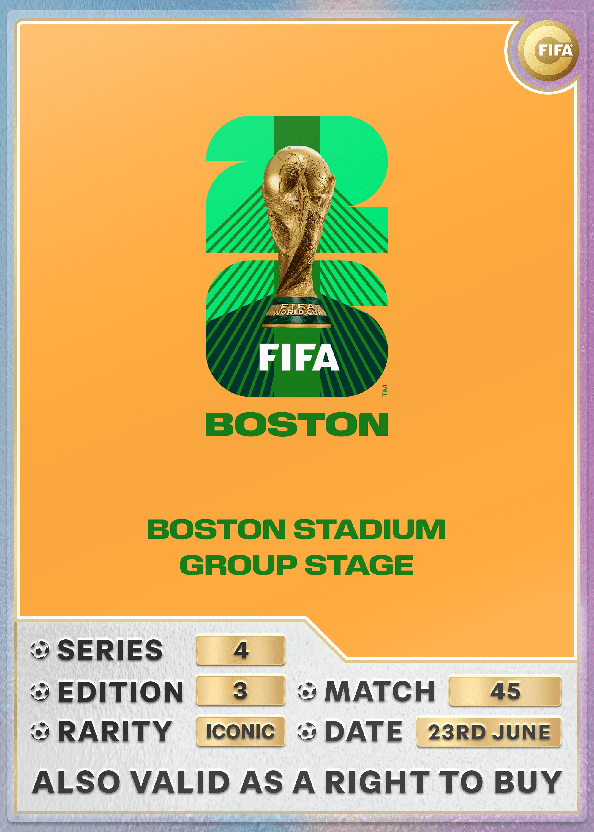 Collectible also valid as RTB for 2 tickets to M45 Boston