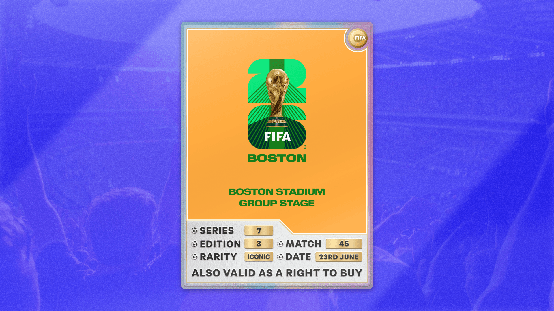 Collectible also valid as RTB for 2 tickets to M45 Boston