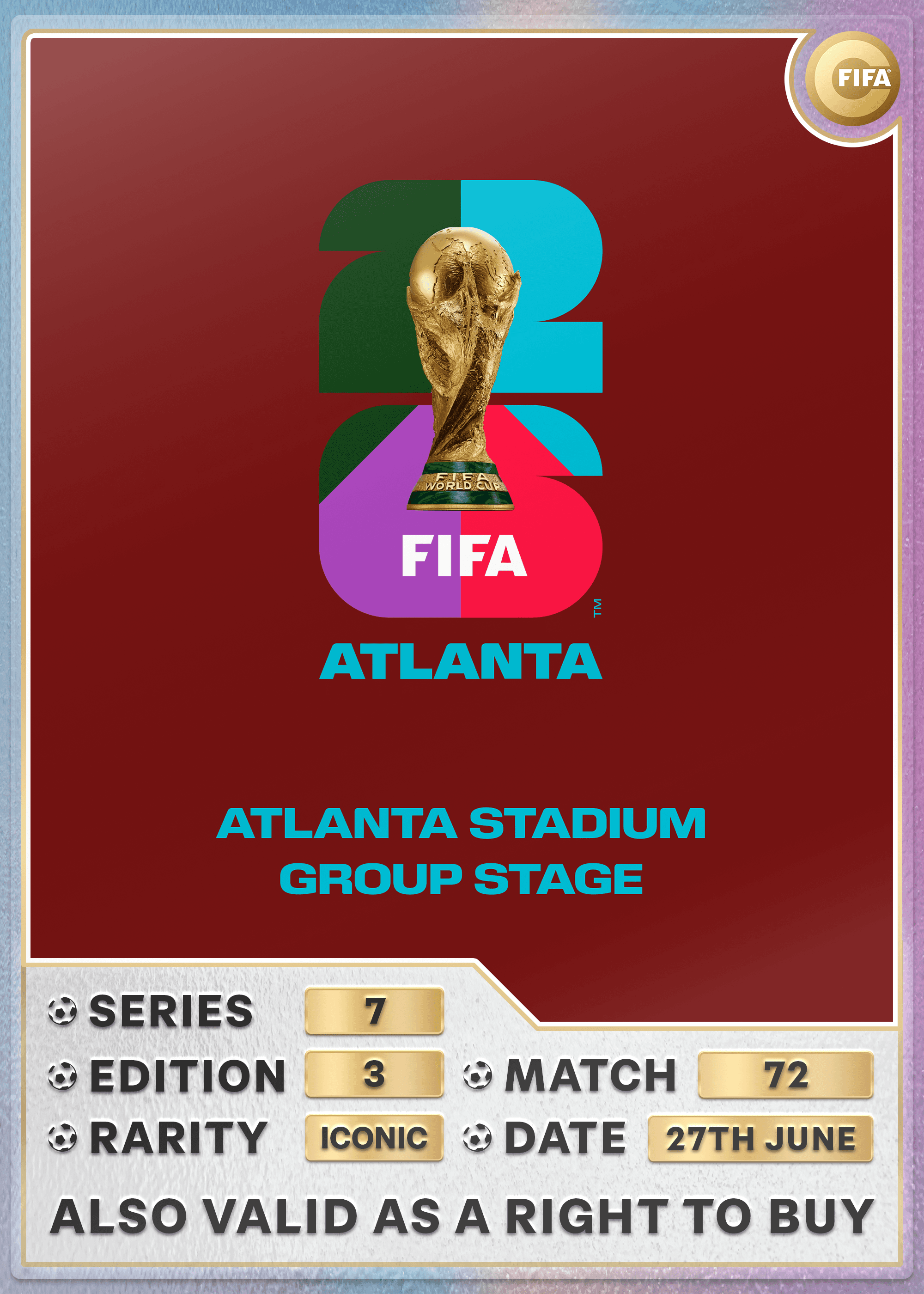 Collectible also valid as RTB for 2 tickets to M72 Atlanta