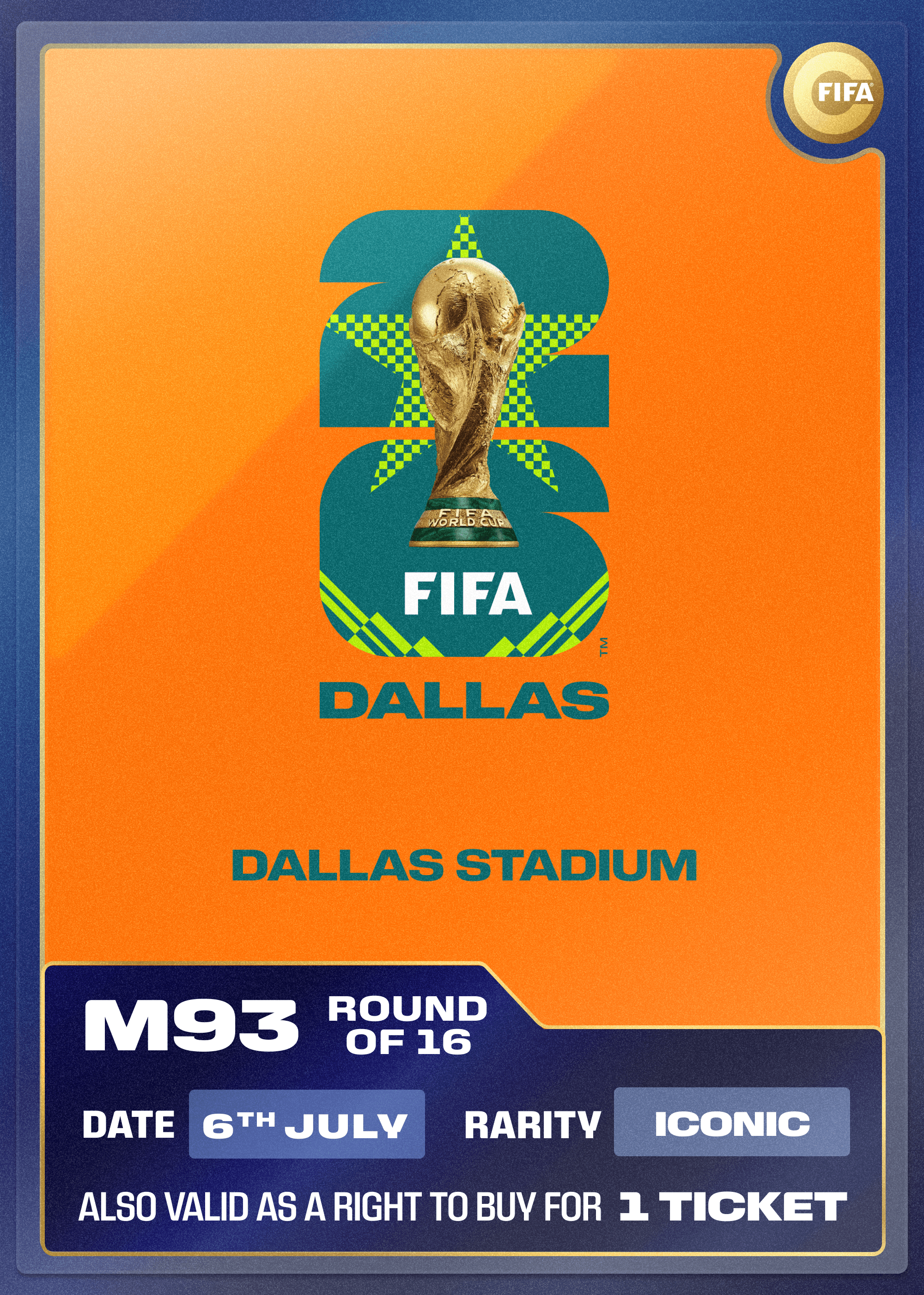 Collectible also valid as RTB for 1 ticket to M93 Dallas
