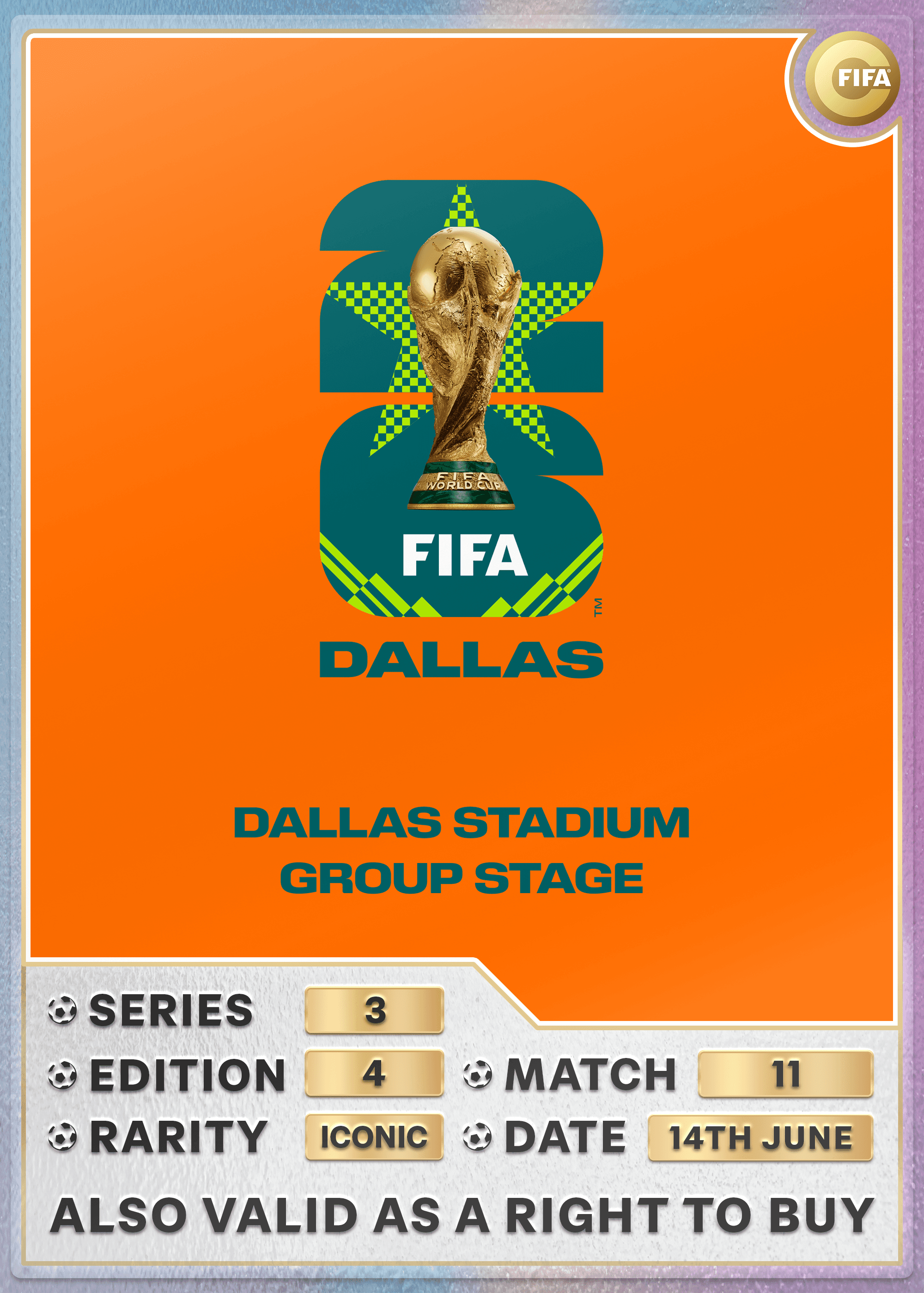 Collectible also valid as RTB for 2 tickets to M11 Dallas
