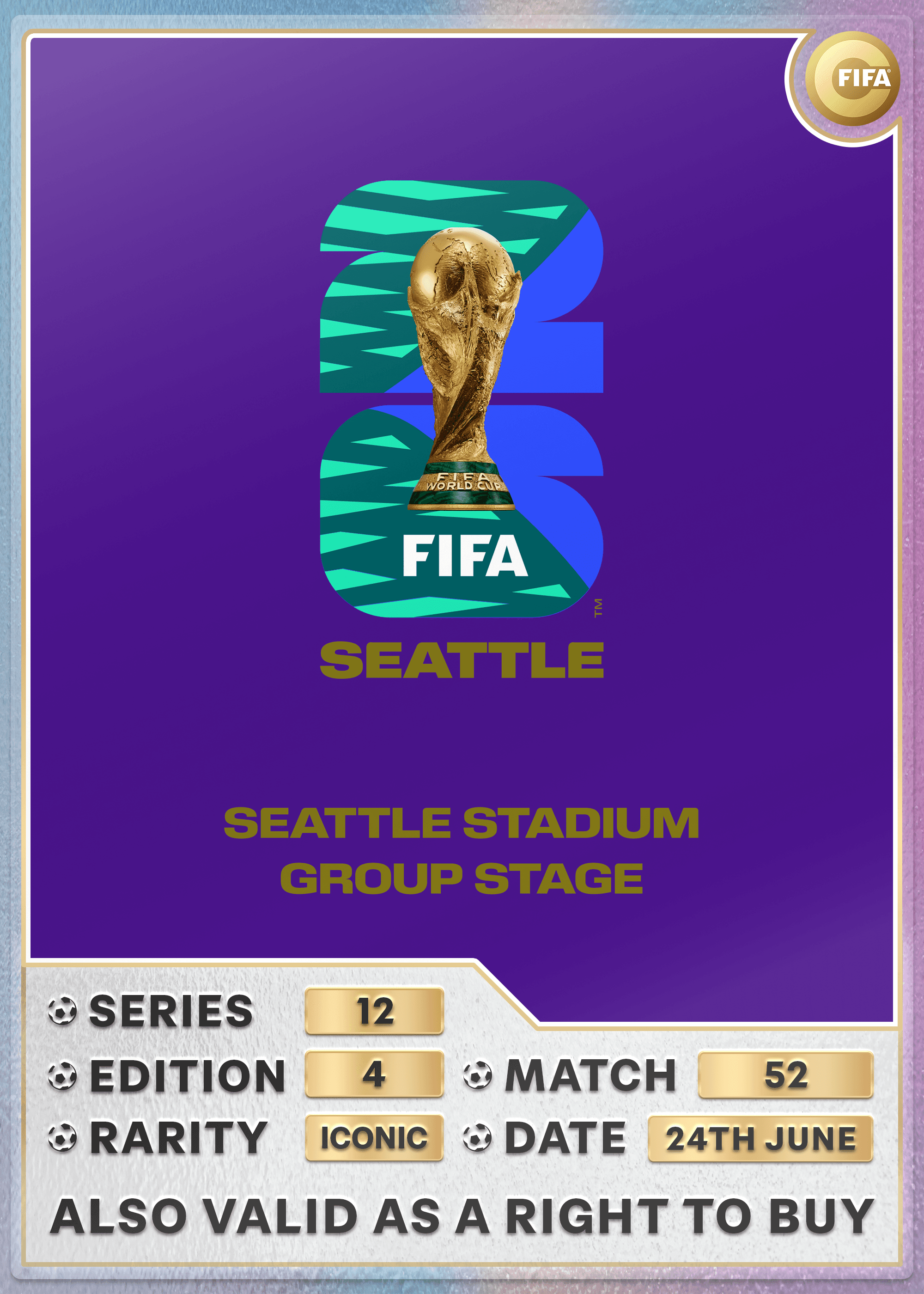 Collectible also valid as RTB for 2 tickets to M52 Seattle