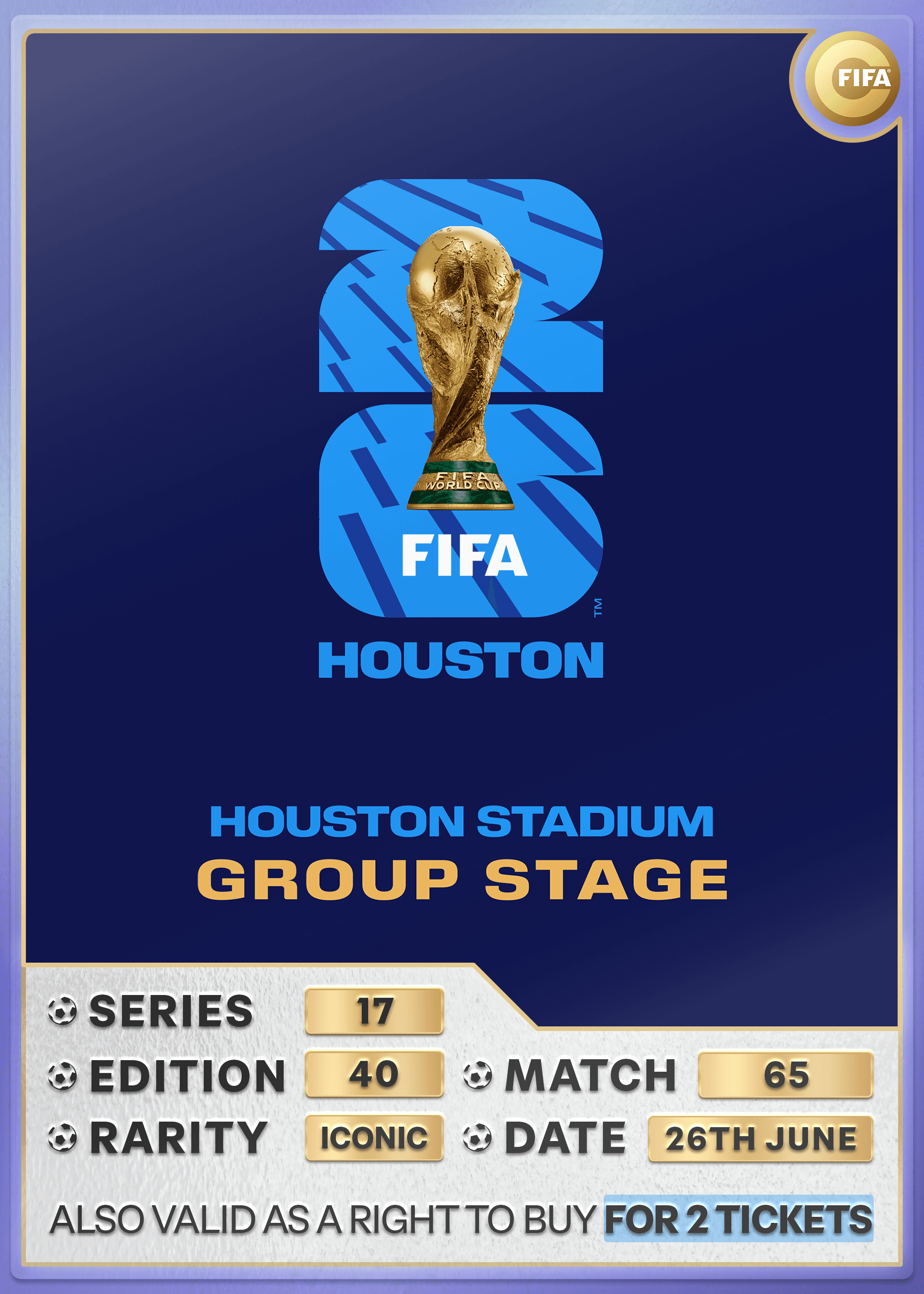 Collectible also valid as RTB for 2 tickets to M65 Houston