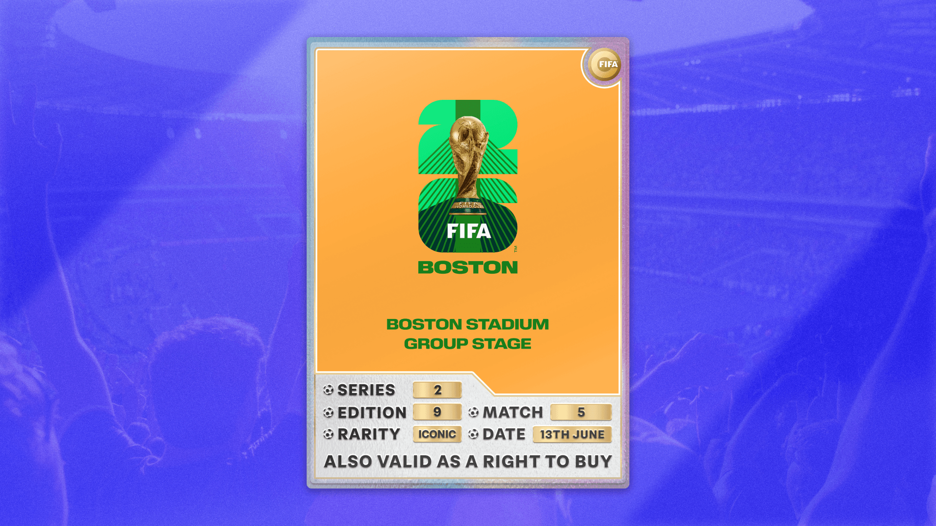 Collectible also valid as RTB for 2 tickets to M5 Boston