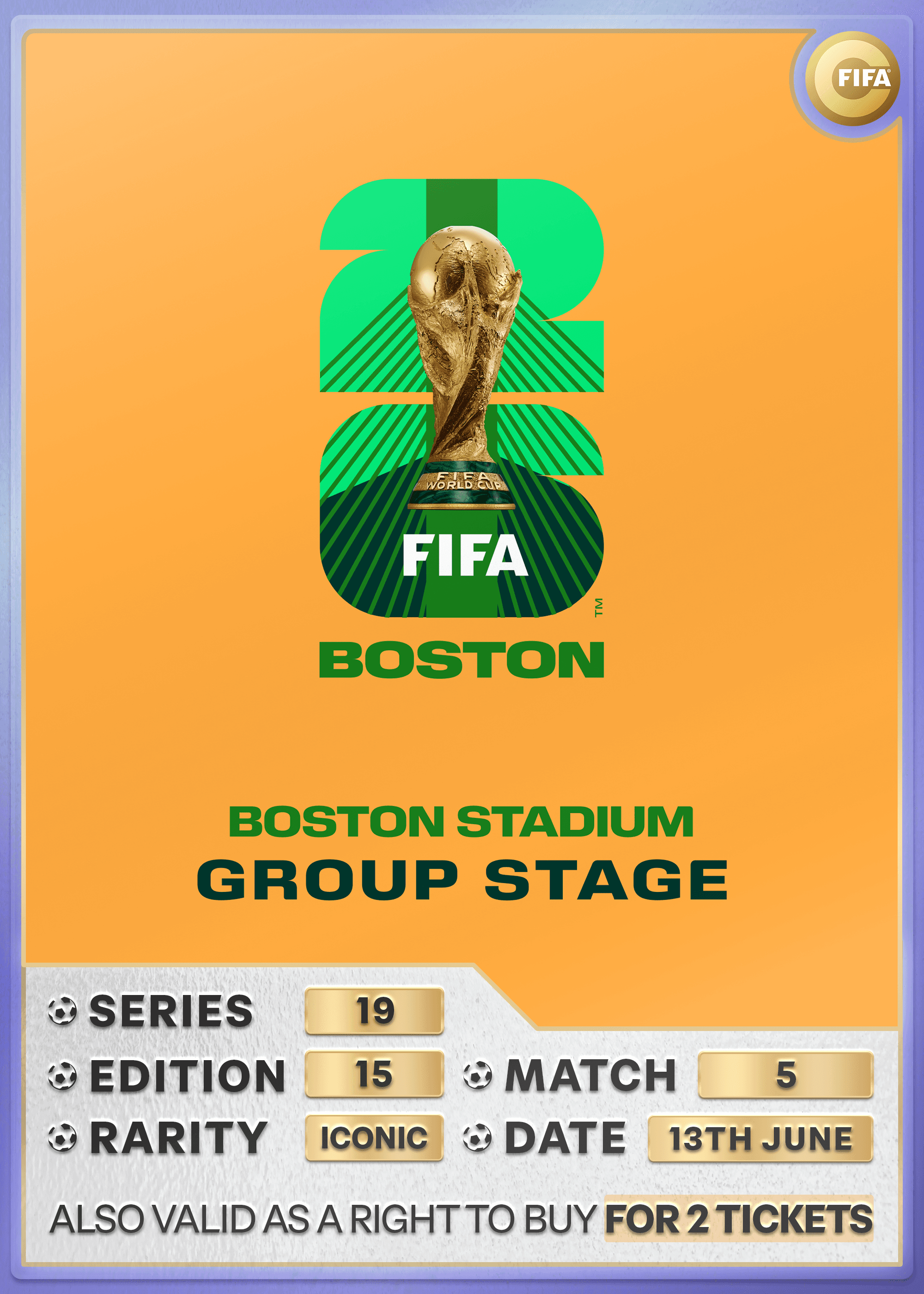 Collectible also valid as RTB for 2 tickets to M5 Boston