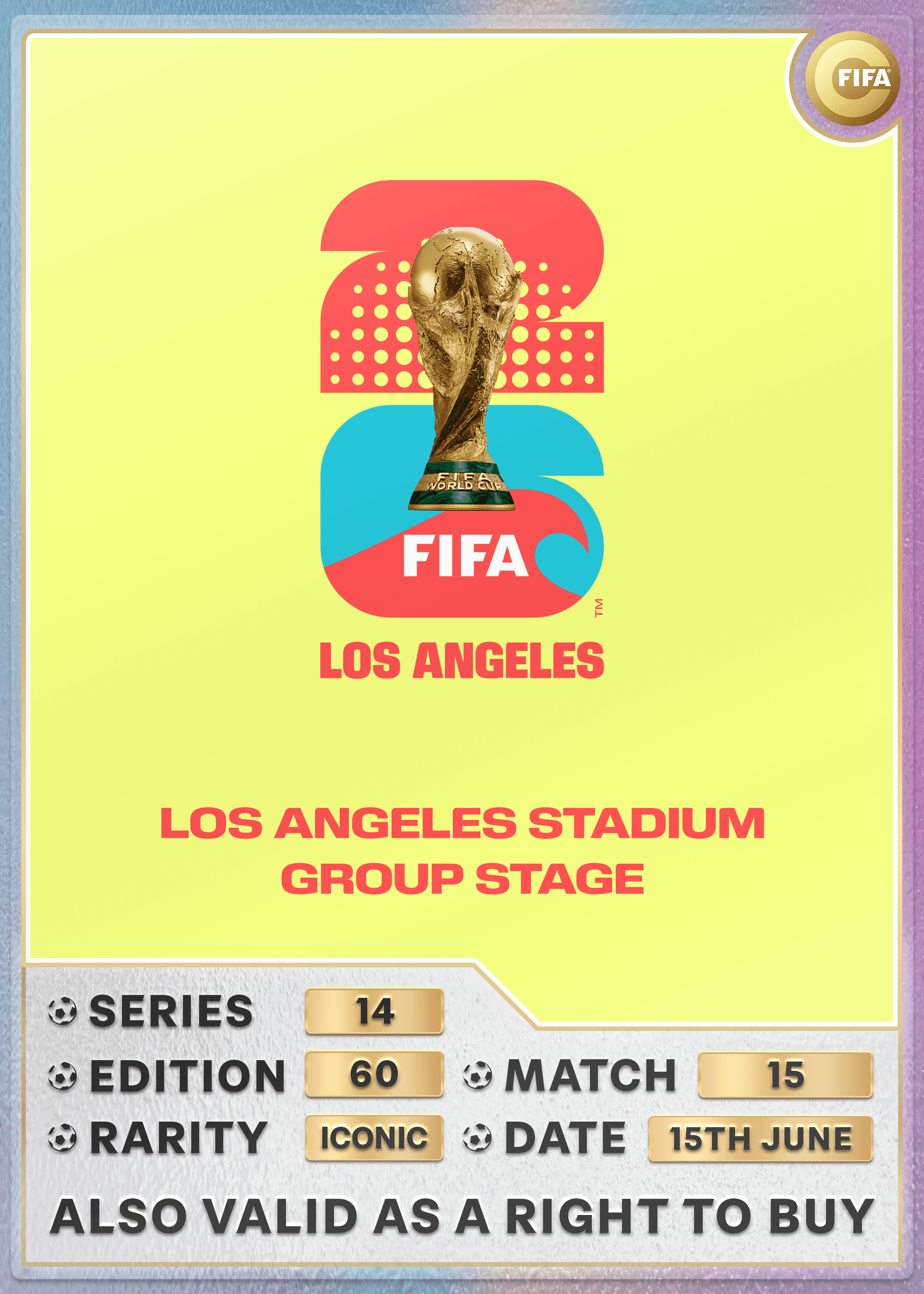 Collectible also valid as RTB for 2 tickets to M15 Los Angeles
