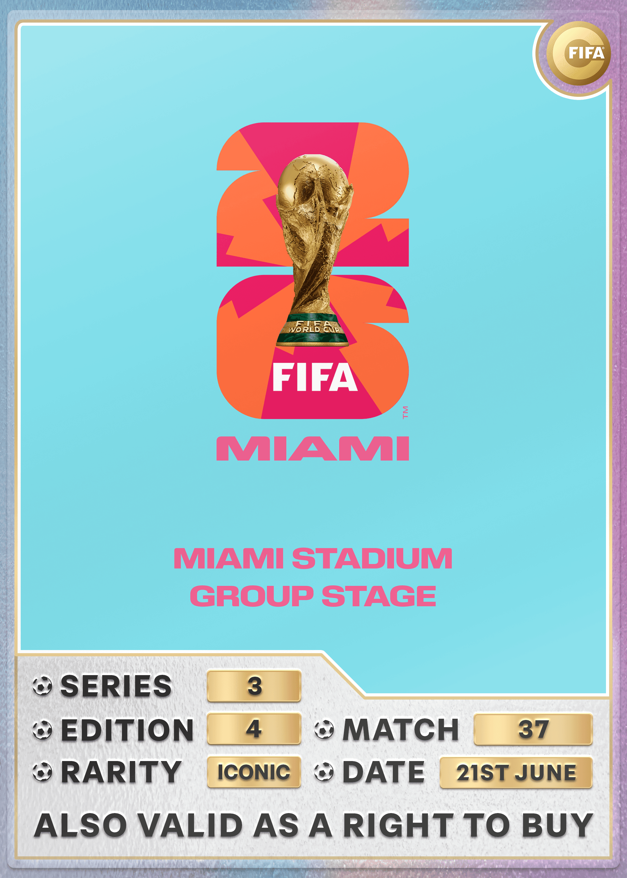 Collectible also valid as RTB for 2 tickets to M37 Miami