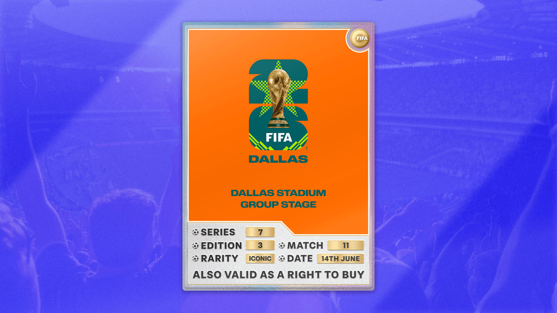 Collectible also valid as RTB for 2 tickets to M11 Dallas