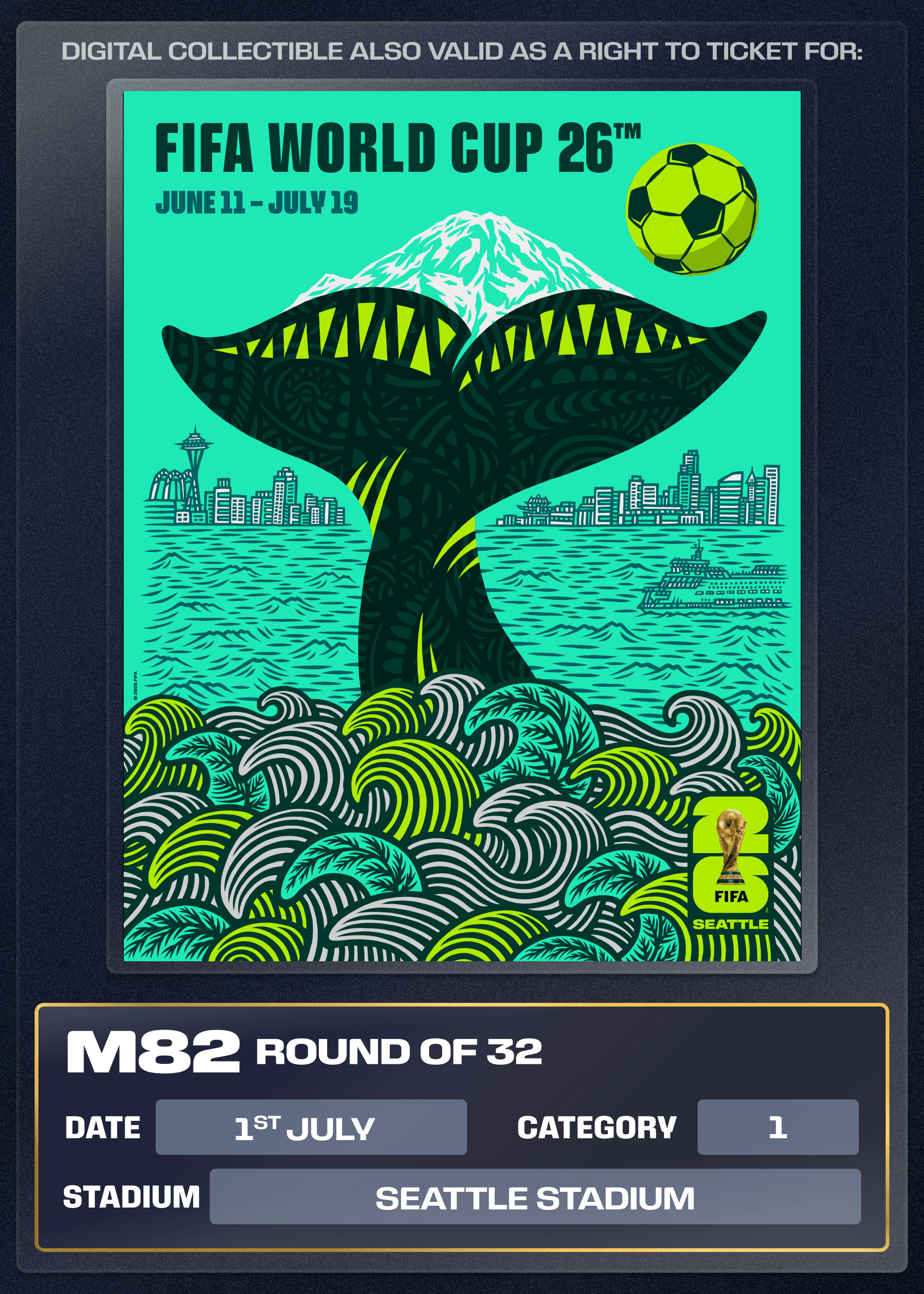 Collectible also valid as Right To Ticket Category 1 for M82 Seattle