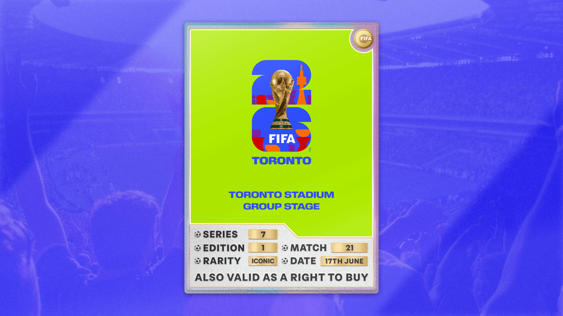 Collectible also valid as RTB for 2 tickets to M21 Toronto