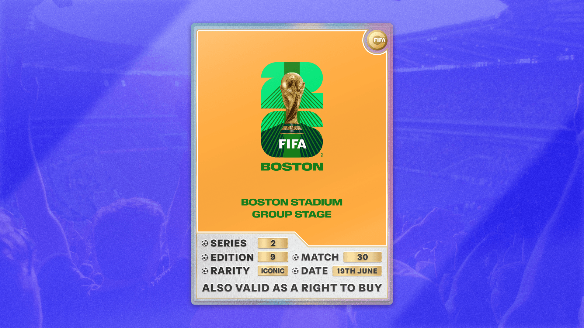 Collectible also valid as RTB for 2 tickets to M30 Boston
